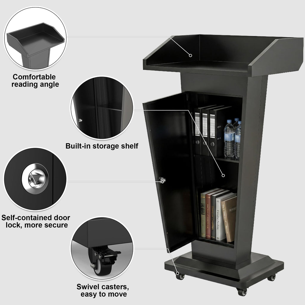 Metal Podium Stand with 4 Locking Wheels, Mobile Metal Lectern with Storage Cabinets, Laptop Desk, 46.5”H Modern Pulpit for Church, School, Office and Conference, Black