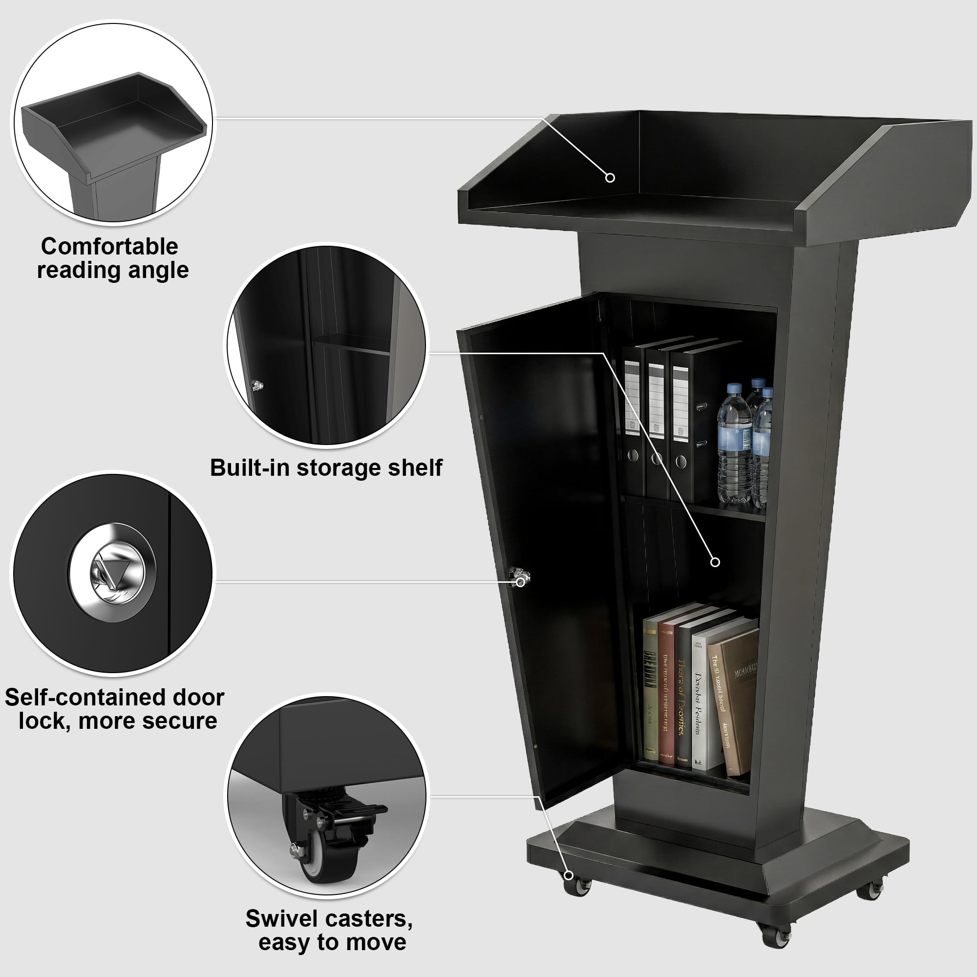 Metal Podium Stand with 4 Locking Wheels, Mobile Metal Lectern with Storage Cabinets, Laptop Desk, 46.5”H Modern Pulpit for Church, School, Office and Conference, Black