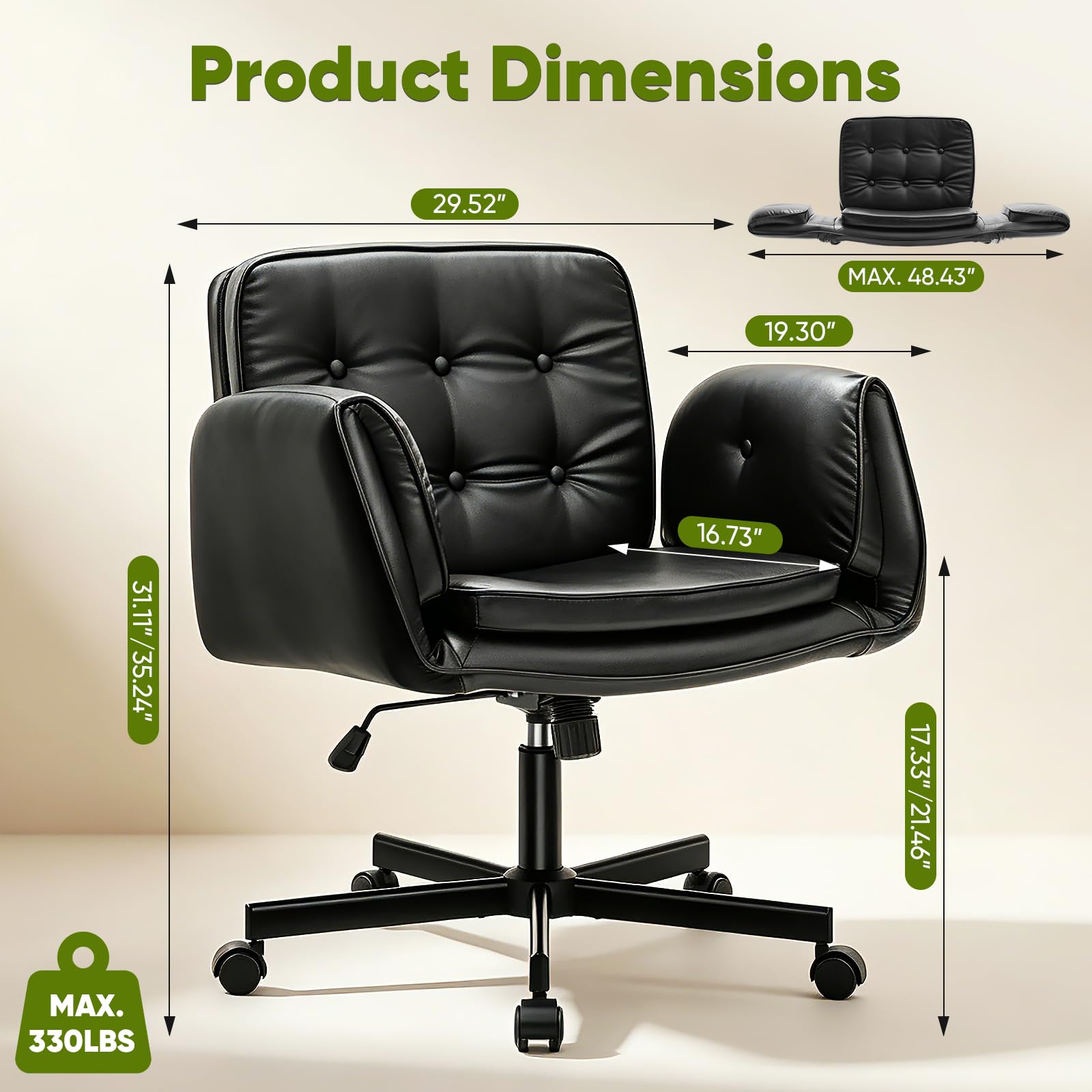 Criss Cross Chair with Wheels & Armrests, Scratch-Resistant PU Leather Vanity Chair, Comfy Wide Height Adjustable Computer Office Desk Chair for Home Office, Make Up, Bedroom (Black)