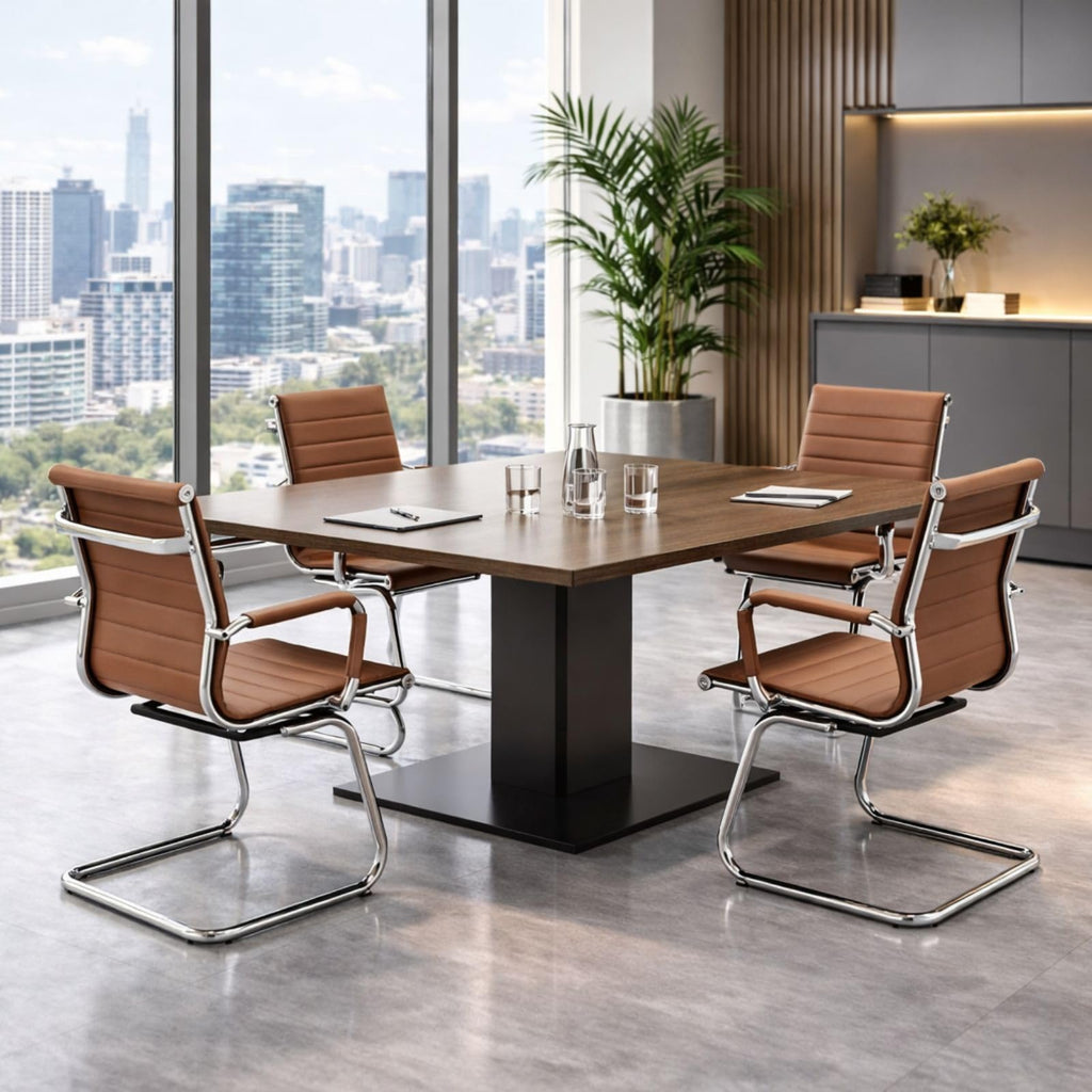Conference Room Chairs Set of 4, Waiting Room Chairs with Arms, Faux Leather Reception Chairs No Wheels, Office Guest Chairs with Mid Back Support and Chrome Sled Base, Cafe