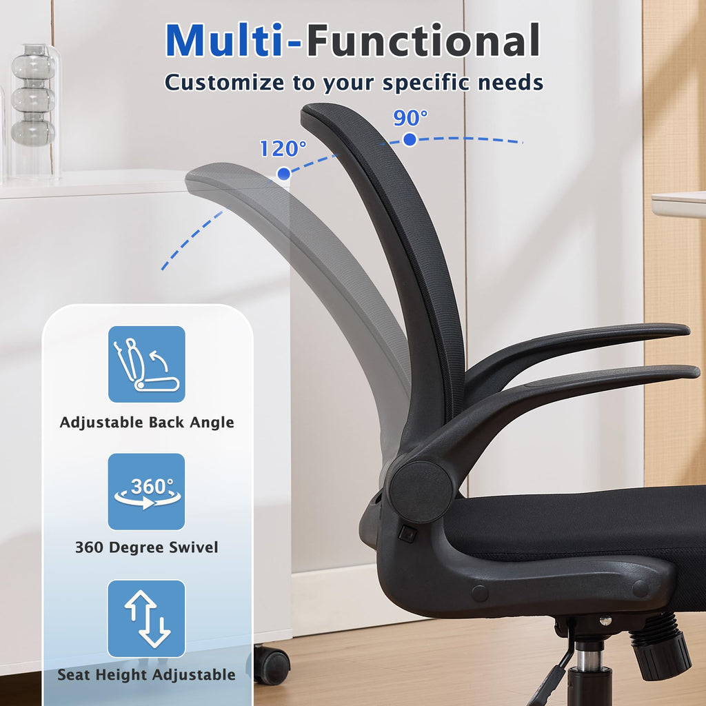(2PCS Black) Foldable Office Chair for Small Spaces | Home Office Folding Desk Chairs with Wheels and Flip Up Arms | Ergonomic Mesh Computer Chair for Adults & Kids