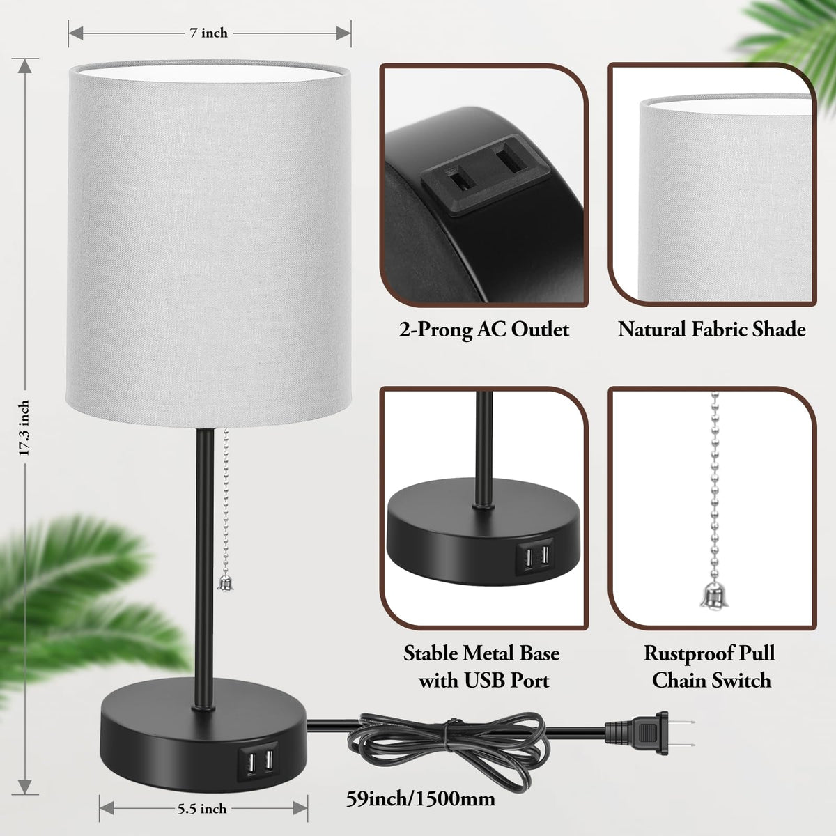17.3'' Table Lamps Nightstand Set of 2 with 2 USB & AC Outlet, Grey