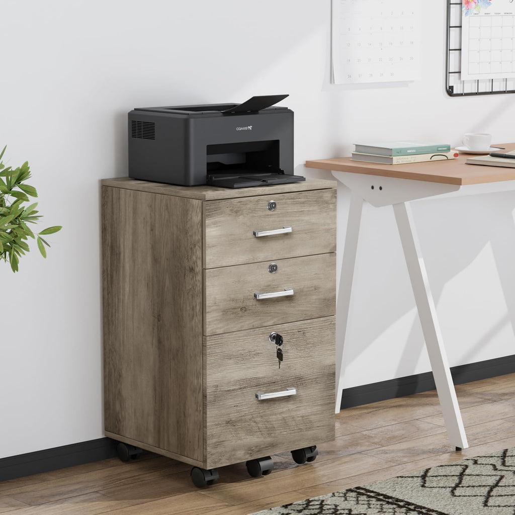 3-Drawer File Cabinet with Lock, Wood Rolling Under Desk File Cabinets for Home Office, Mobile Printer Stand & Filing Organizer for Letter Sized Files, 26" H(Caster Included), Rustic Gray