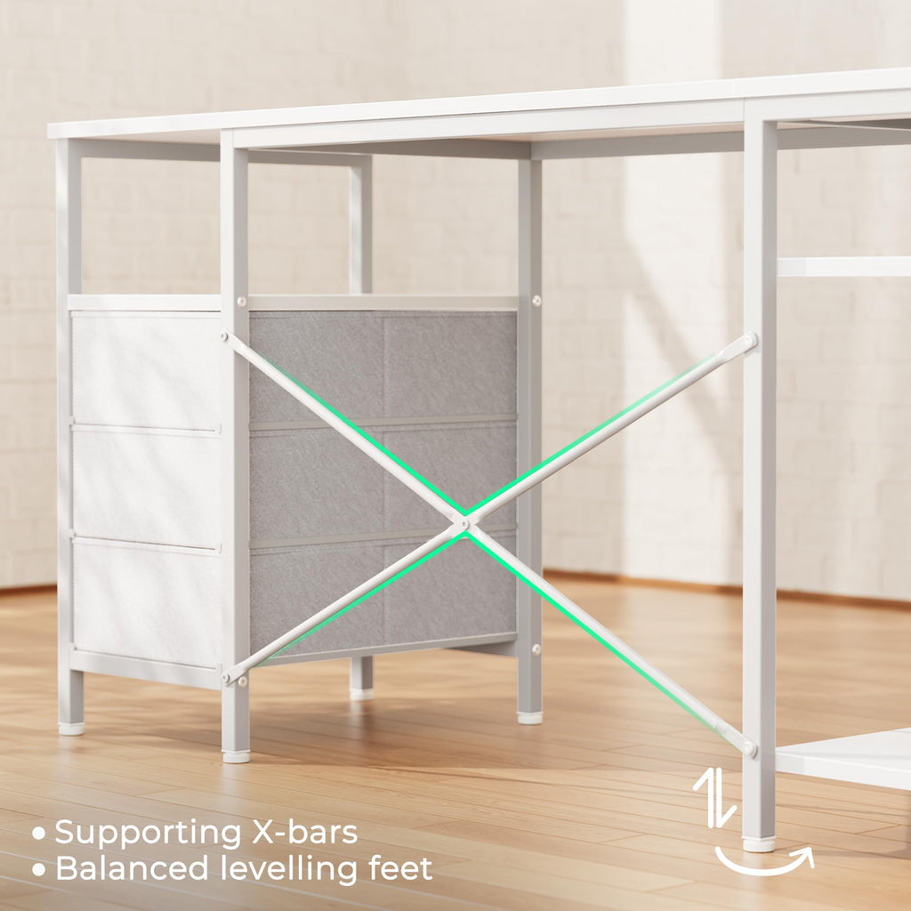 L Shaped Office Desk with Power Outlets, 55 Inch Computer Desk with 3 Drawers, Shelves, Reverisble for Gaming Corner Work Home Office Study, White