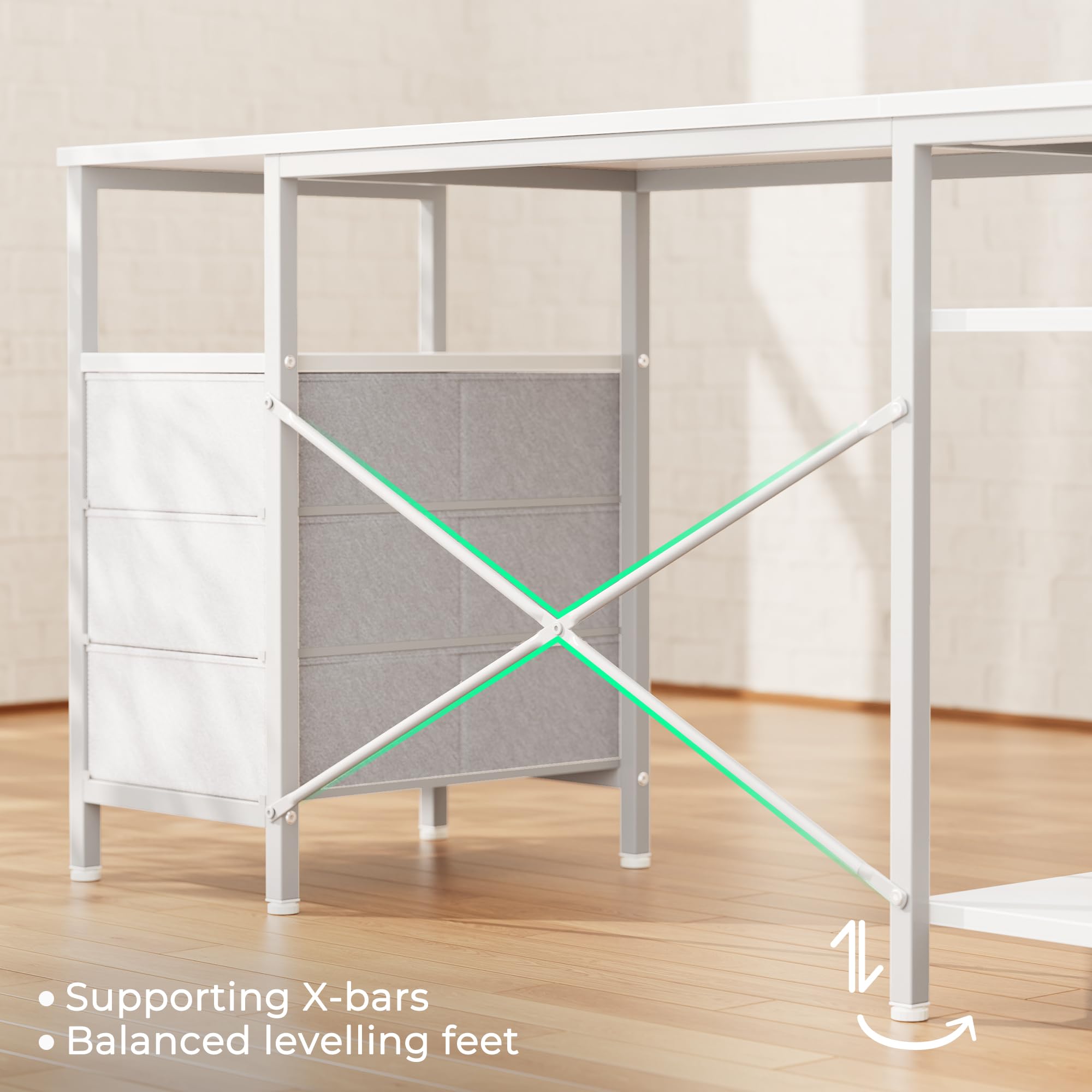 L Shaped Office Desk with Power Outlets, 55 Inch Computer Desk with 3 Drawers, Shelves, Reverisble for Gaming Corner Work Home Office Study, White