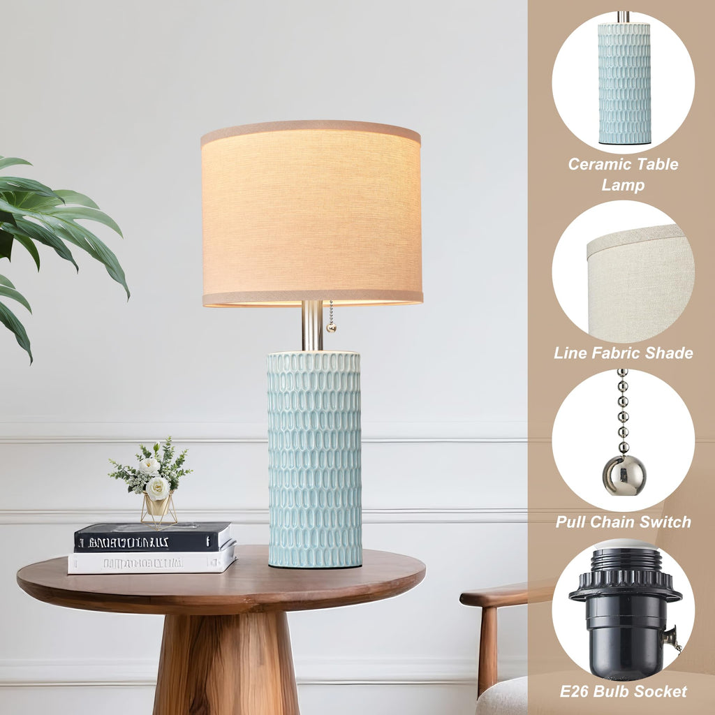 20.5" Modern Ceramic Table Lamps for Bedroom Set of 2, Bedside Lamps for Night Stands with Beige Lampshade, Farmhouse Table Lamp for Living Room Office Dorm, Sky Blue