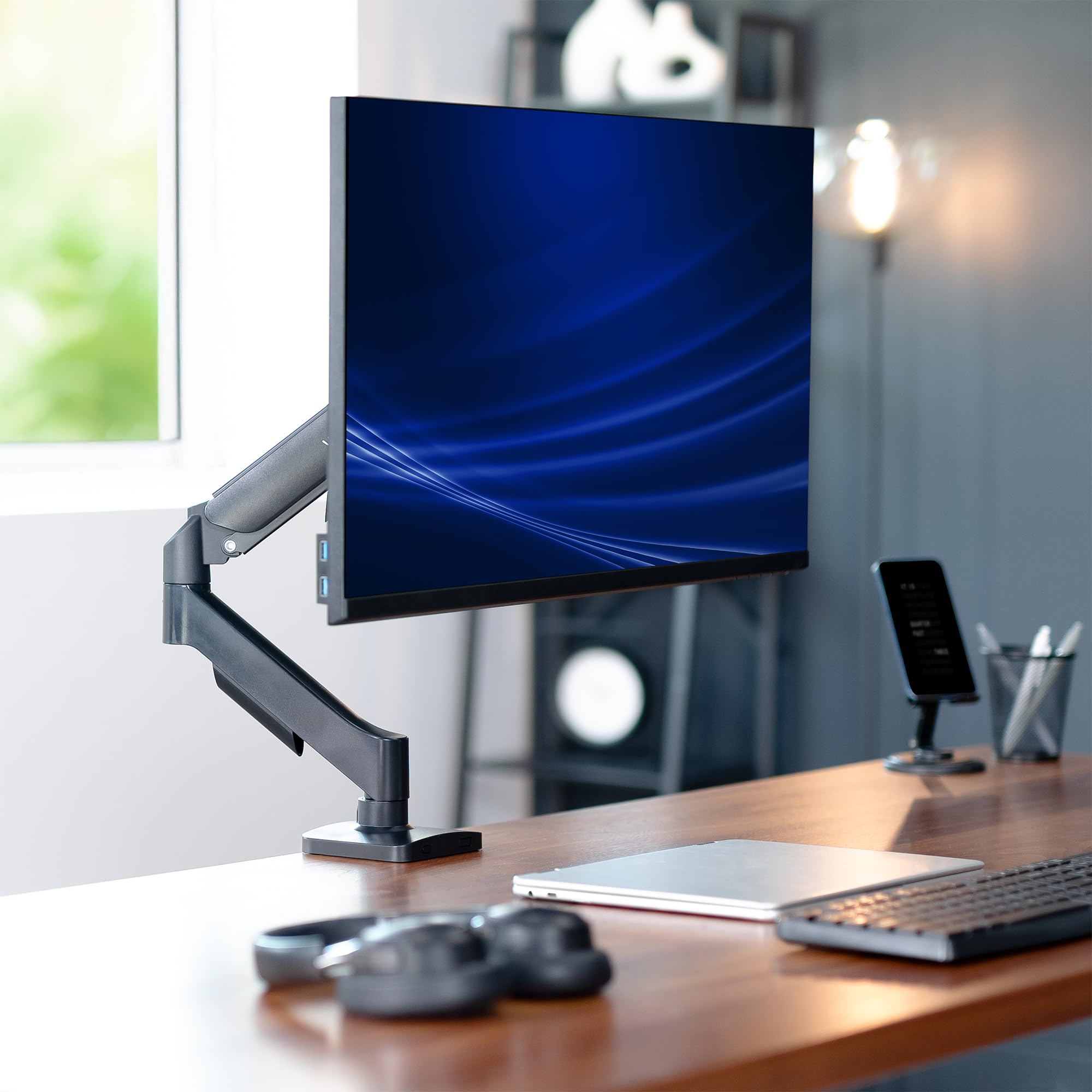 Single Monitor Stand, Fully Adjustable Arm for 17 to 32 inch Screen, Mechanical Articulating Desk Mount, Gaming and Office Setups, VESA 75x75, 100x100, Max 19.8 lbs, Classic, Black, STAND-V001O