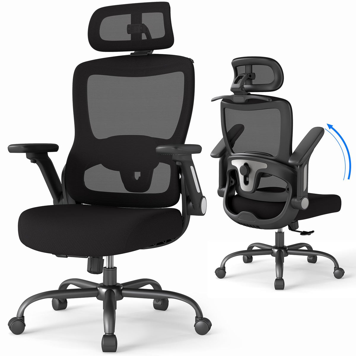 Ergonomic Office Chair, Home Computer Chair with 3D Adjustable Headrest and 4D Flip-Up Armrests, Adjustable Lumbar Support, Suitable for Office, Black