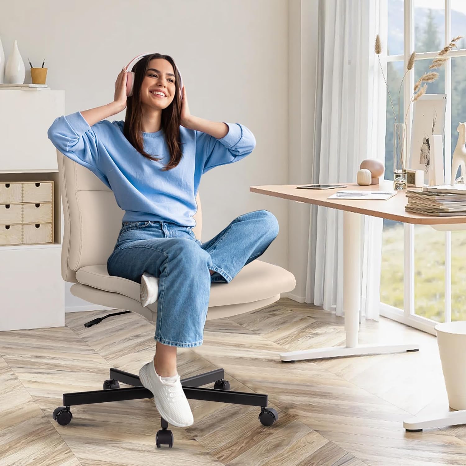 Armless Office Desk Chair with Wheels, Mid-Back Criss Cross Swivel Task Chair, Height Adjustable Cushioned Vanity Chair, Double Padded PU Leather Chair for Home, Office & Bedroom, Beige White