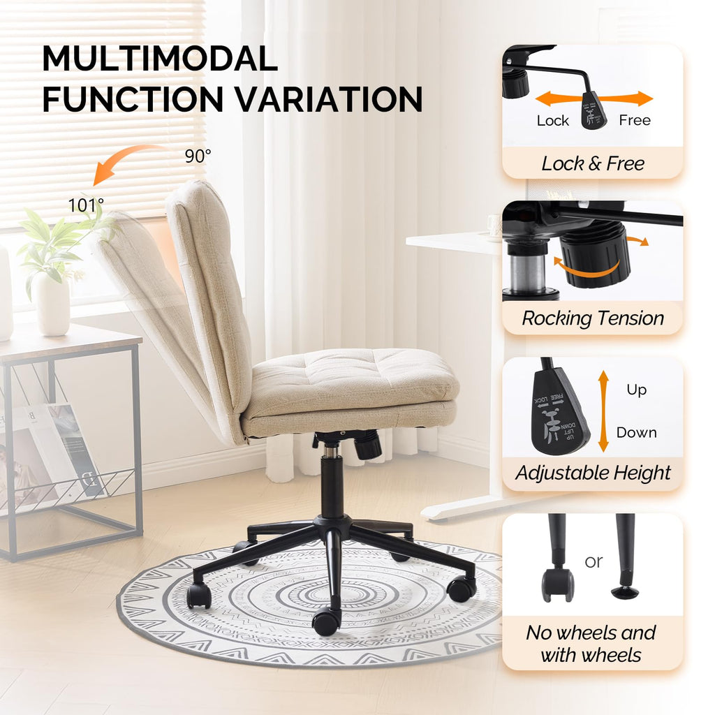 Mid Back Armless Office Desk Chair with Wheels/no Wheels,360°Rocking Swivel Vanity Chair with Thickened Cushion,Adjustable Height Rolling for Reading Room, Make up,Linen Beige