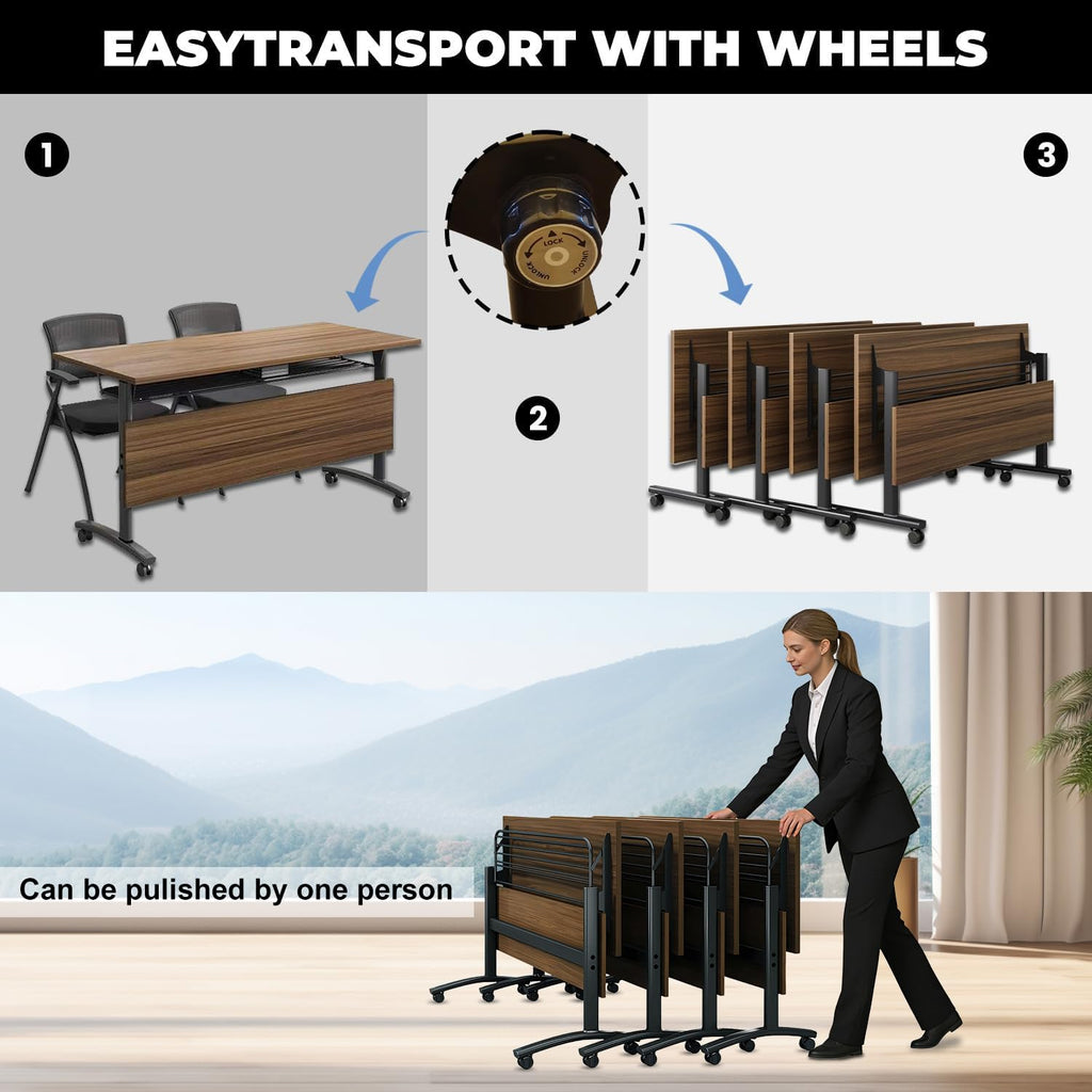 Folding Conference Table,6 Pack Walnut Flip Top Mobile Training Table