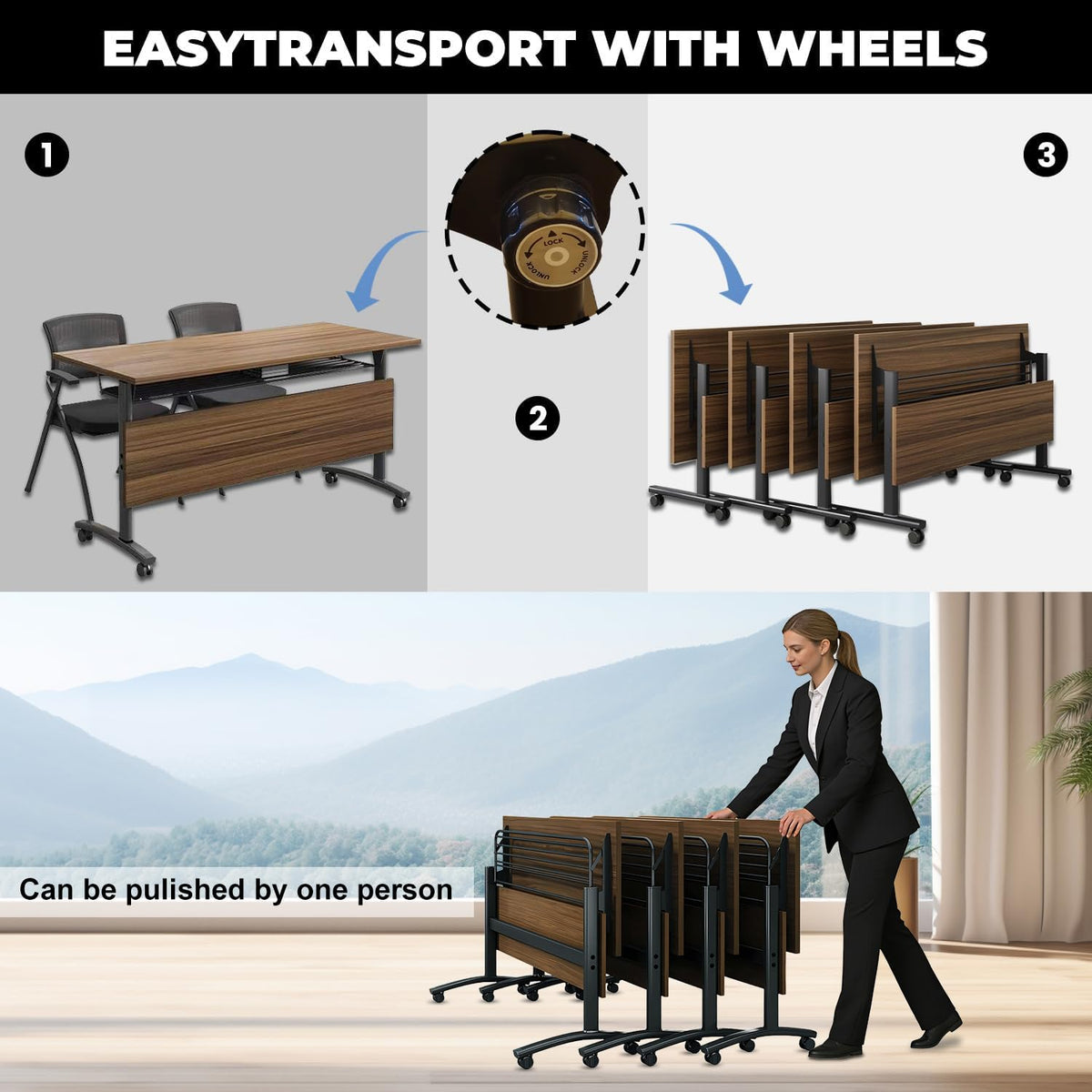 Folding Conference Table,6 Pack Walnut Flip Top Mobile Training Table