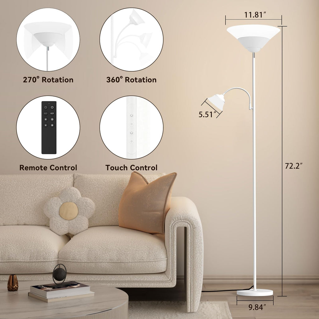 2-in-1 Torchiere Floor Lamp, 34W Super Bright LED Standing Lamp with Remote & Touch Control, 72" Dimmable Adjustable Corner Reading Lamp for Living Room, Bedroom, Office, White