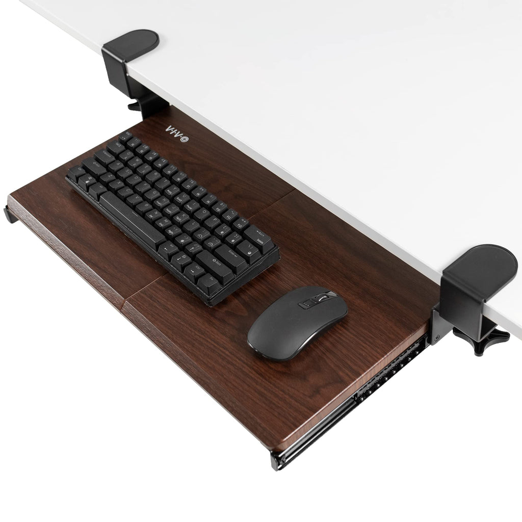 Small Keyboard Tray, Under Desk Pull Out with Extra Sturdy C Clamp Mount System, 20 (26 Including Clamps) x 11 inch Slide-Out Platform Drawer, Dark Walnut Top, Black Frame