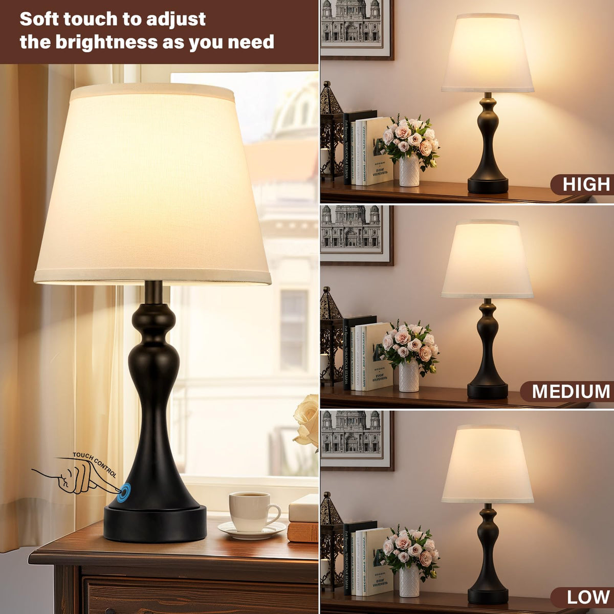 Touch Lamps for Nightstand, 3 Way Dimmable Bedside Lamps with USB C+A Ports