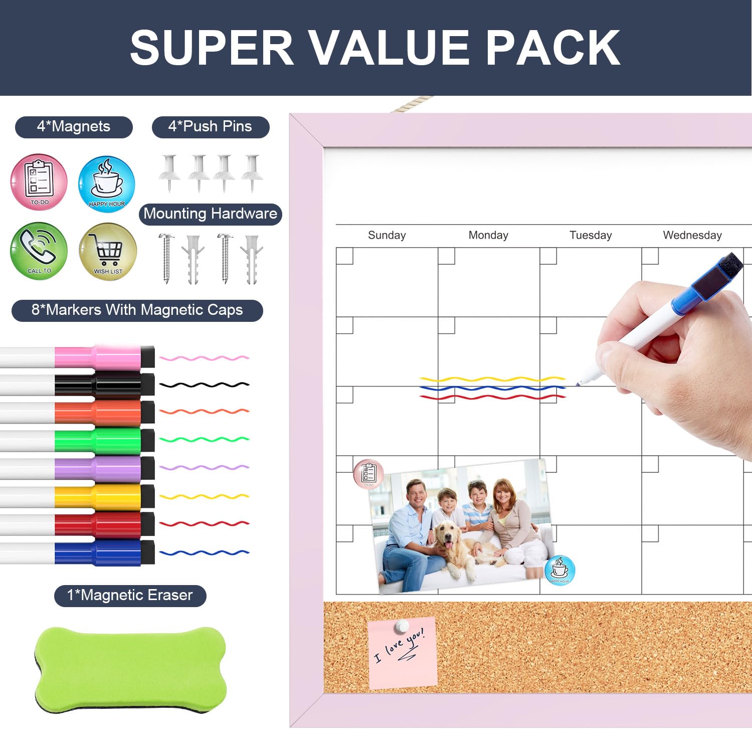 Dry Erase Calendar Cork Board Combo, 18x24 Inches Calendar Whiteboard for Wall, Magnetic White Board with Pink Wood Framed, Dry Erase Board for Planner Office Kitchen Home Memo