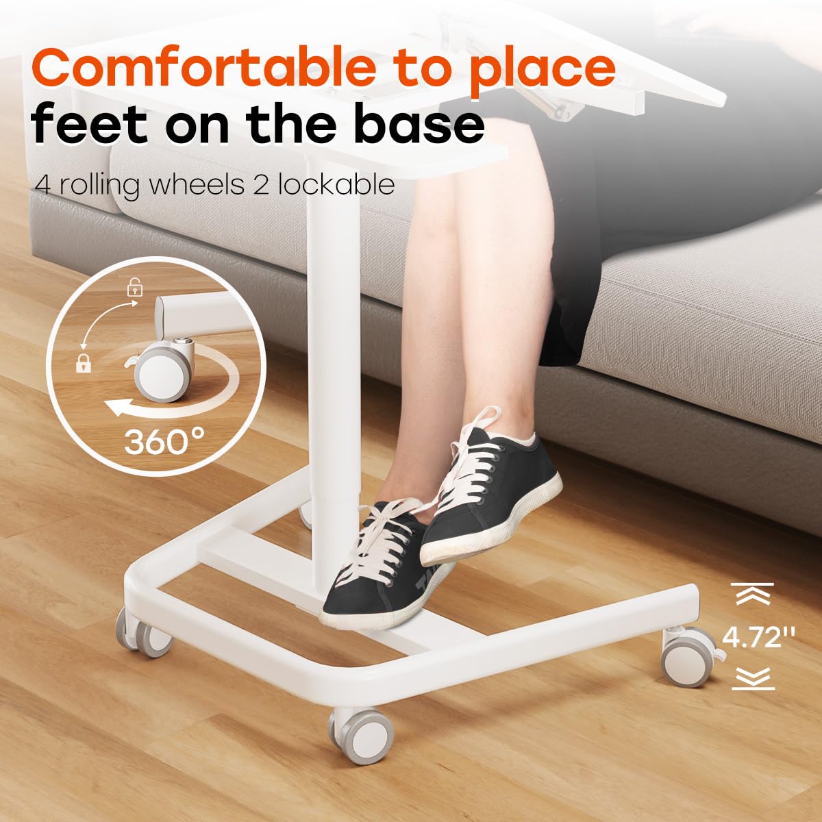 Mobile Standing Desk, Height Adjustable Table, 60° Tiltable Rolling Laptop Desk, Portable Sit Stand Desk with Wheels Cup Holder for Bed Couch School, Holds Up to 22lbs, White