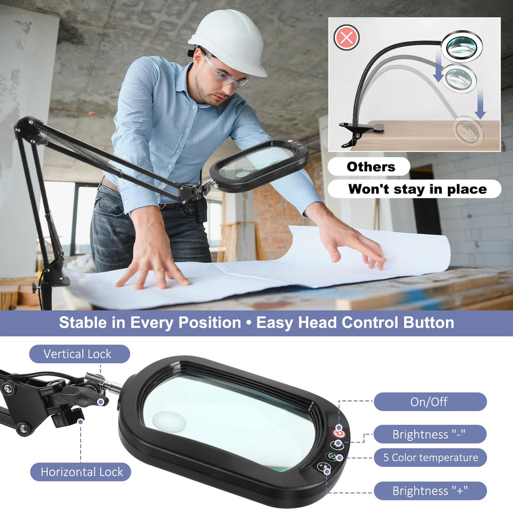 30X 10X Large Magnifying Glass with Light and Clamp, Real Glass, 5 Color Modes, Stepless Dimmable, Lighted Magnifier with Stand Hands Free, LED Swing Arm Desk Lamp for Close Work, Craft, Painting