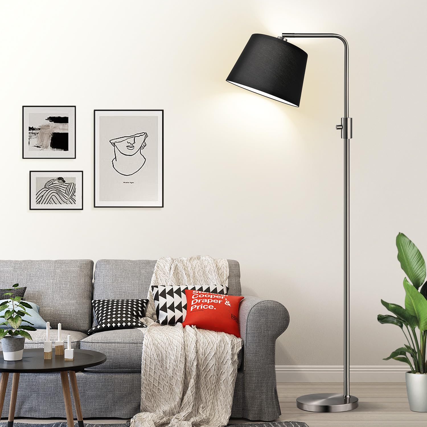 Floor Lamp, 1000 Lumens LED Edison Bulb Included, Brushed Nickel Arc Floor Lamps Modern Standing Lamp with Black Shade, Tall Lamps for Living Room Bedroom office