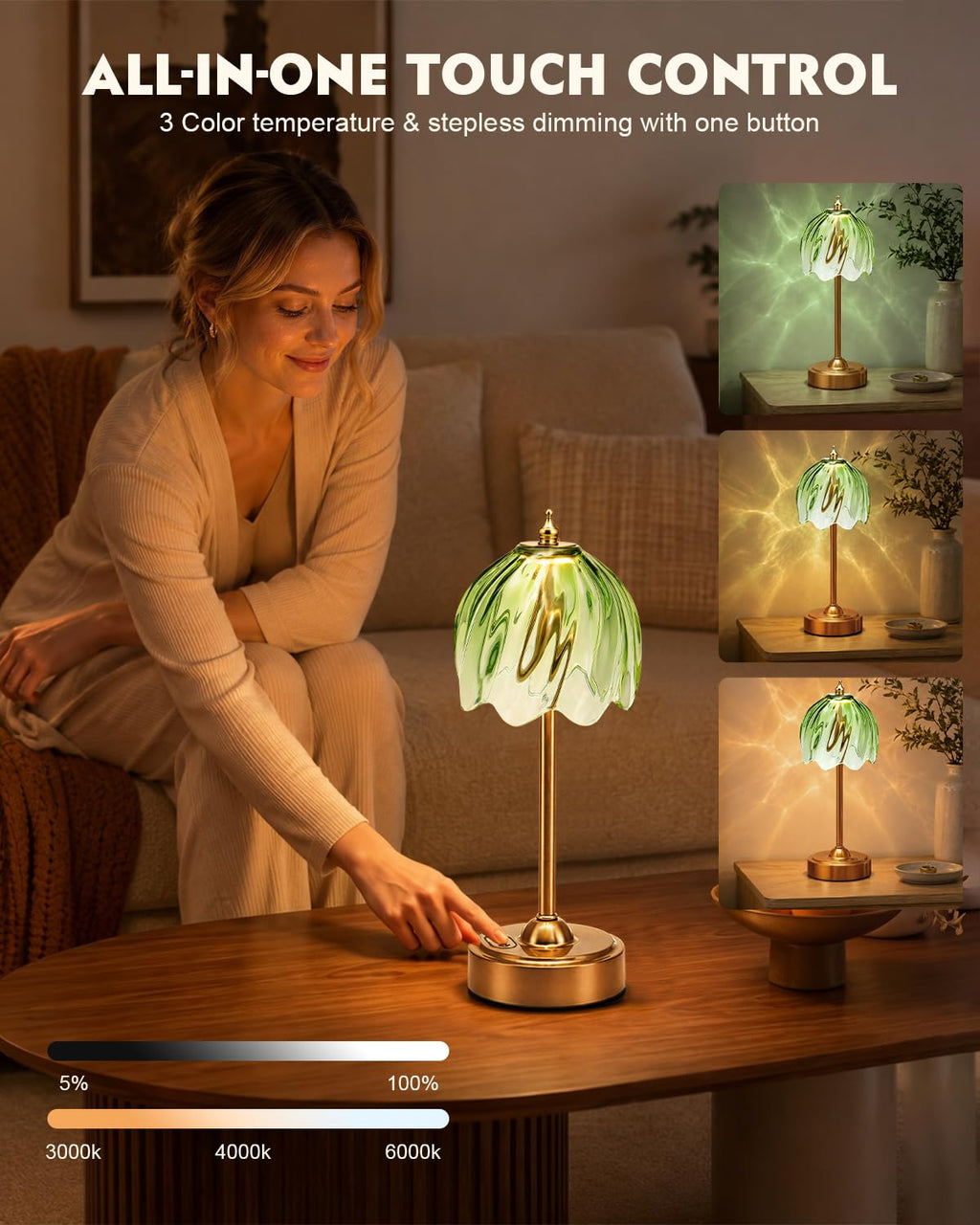 Cordless Flower Table Lamp, 5200mAh Small Rechargeable Touch Lamp