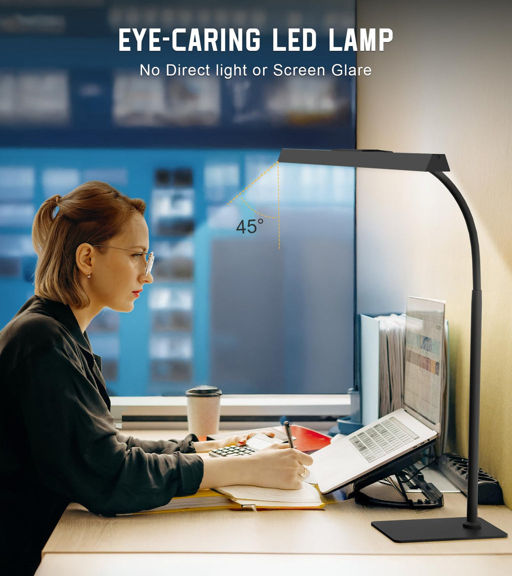 Desk Lamp for Office with Base, Eye-Caring Desk Light with Adjustable Gooseneck, 12W USB Adapter Touch Control 5 Dimmable Brightness & Color Tall Lamp for Work, Computer, Study, Task
