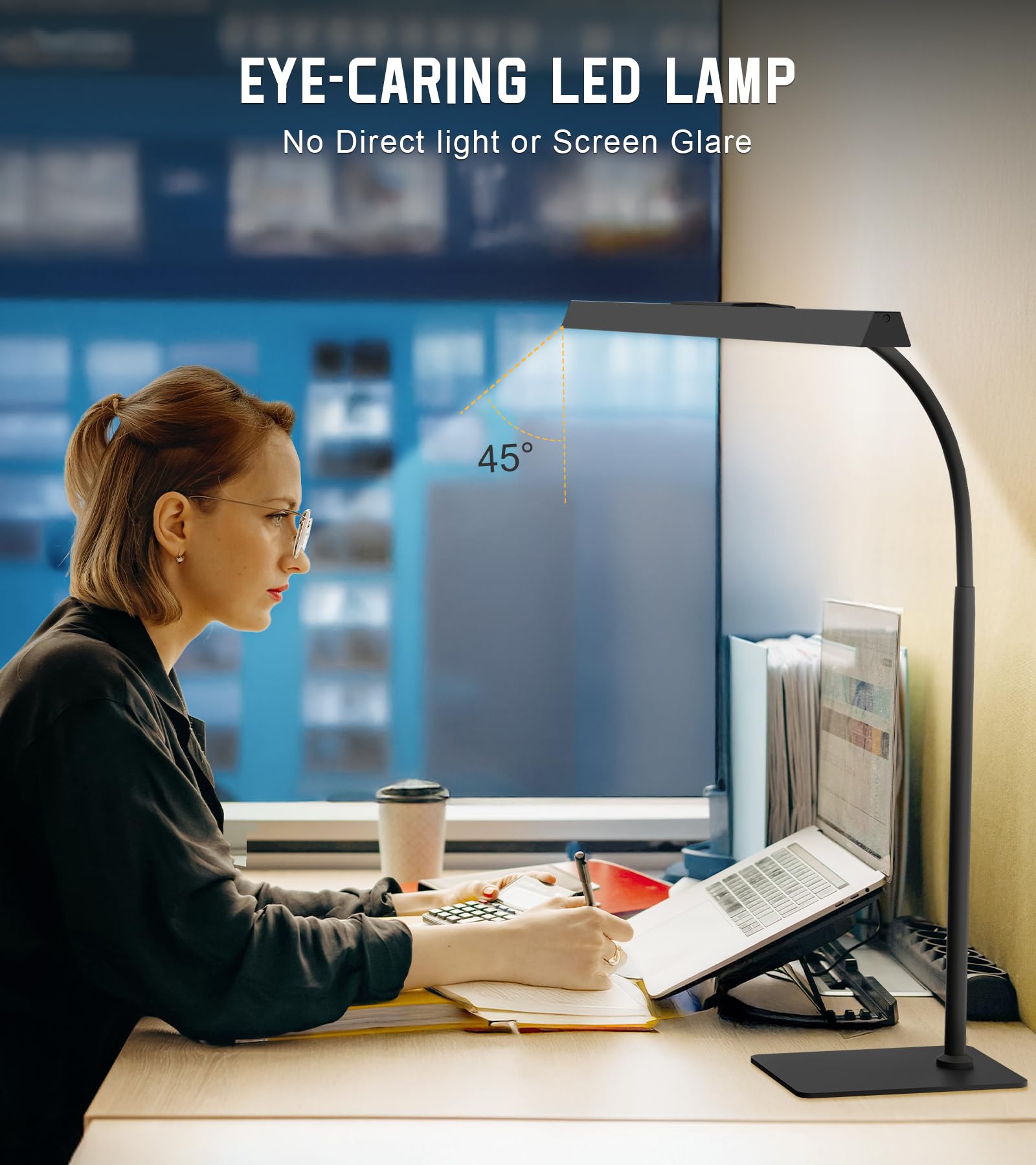 Desk Lamp for Office with Base, Eye-Caring Desk Light with Adjustable Gooseneck, 12W USB Adapter Touch Control 5 Dimmable Brightness & Color Tall Lamp for Work, Computer, Study, Task