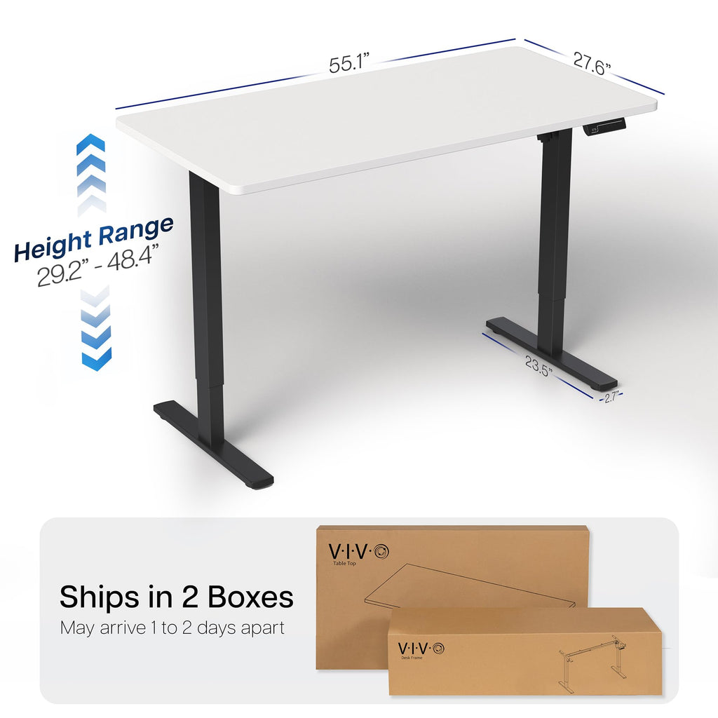 Electric 55 x 28 in Standing Desk, Memory Height Adjustment, 1B Series, Holds 220 lbs, One-Piece White Top, Black Frame