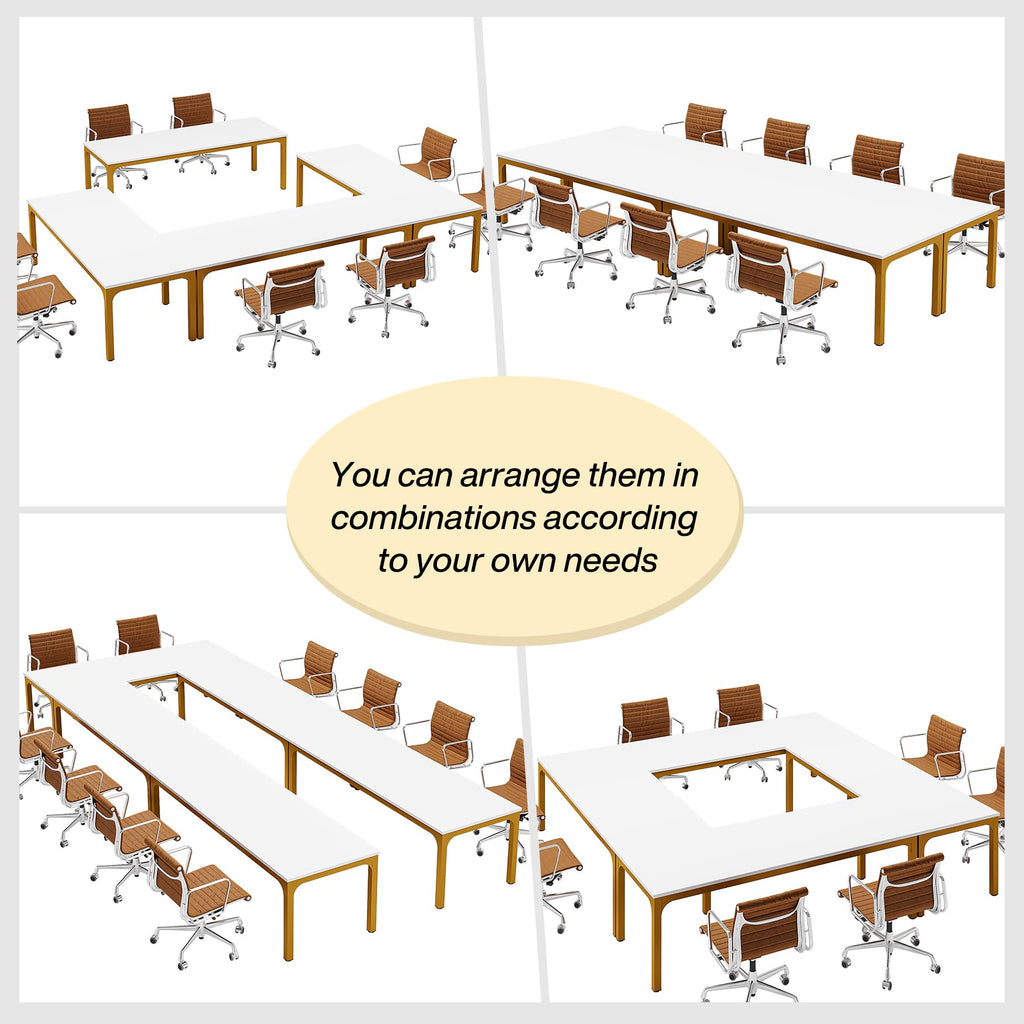 6.5 FT Conference Room Table, 78.74" W x 27.56" D Large Office Conference Table, Modern Seminar Meeting Table Desk for Boardroom, Meeting Room (1, White and Gold)