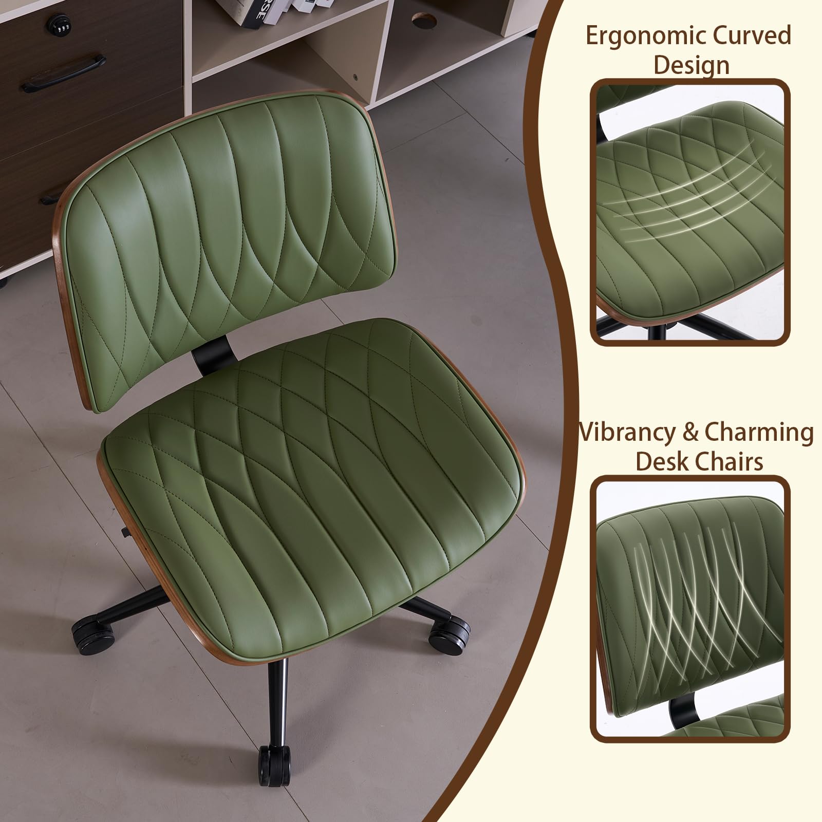 Armless Leather Desk Chair - Modern Office Chair no Arms, Vanity Chair, Mid Century PU Leather Task Chairs, Desk Chairs for Home Small Space, Dorm, Adjust Height Swivel with Wheels, Green