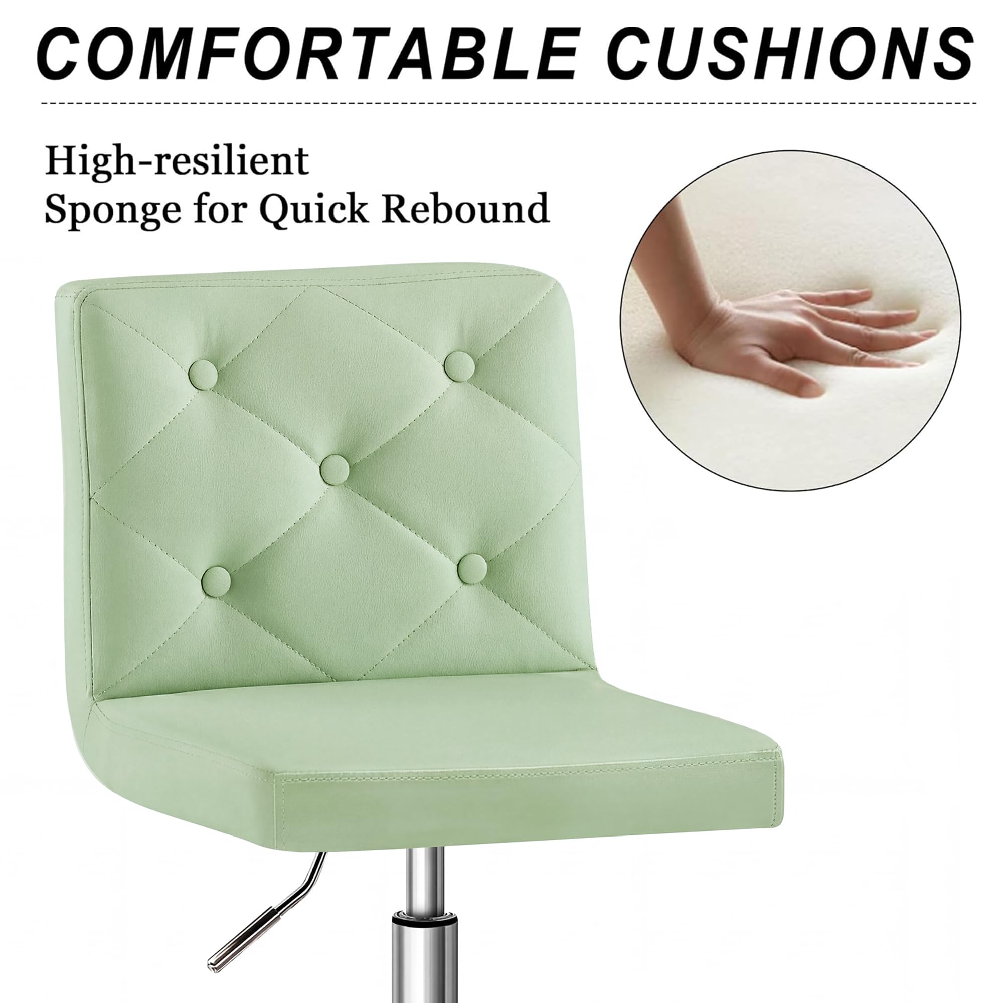 PU Leather Mid-Back Armless Vanity Chair Adjustable Height 360° Rolling Swivel for Office Work