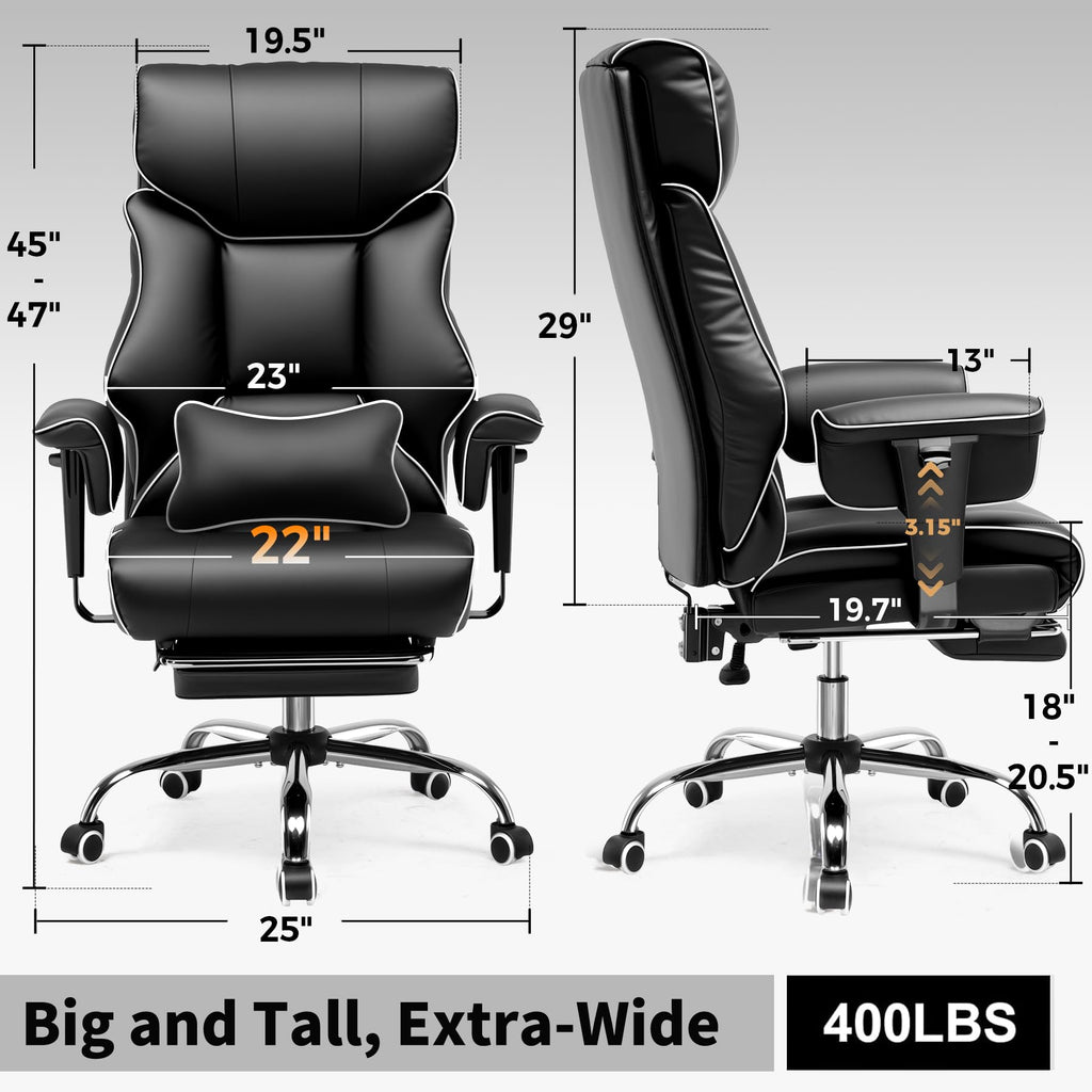 Big and Tall Gaming Chair 400lbs Heavy Duty Office Chair with Foot Rest & Ergonomic Pocket Spring Cushion, High Back Lumbar Support for Lower Back Pain Relief, White/Black