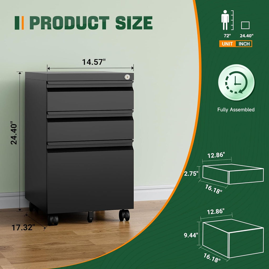 3 Drawer Mobile File Cabinet with Lock,Under Desk Metal Filing Cabinets for Home Office Organizer Letters/Legal/A4((Fully Assembled-Black)