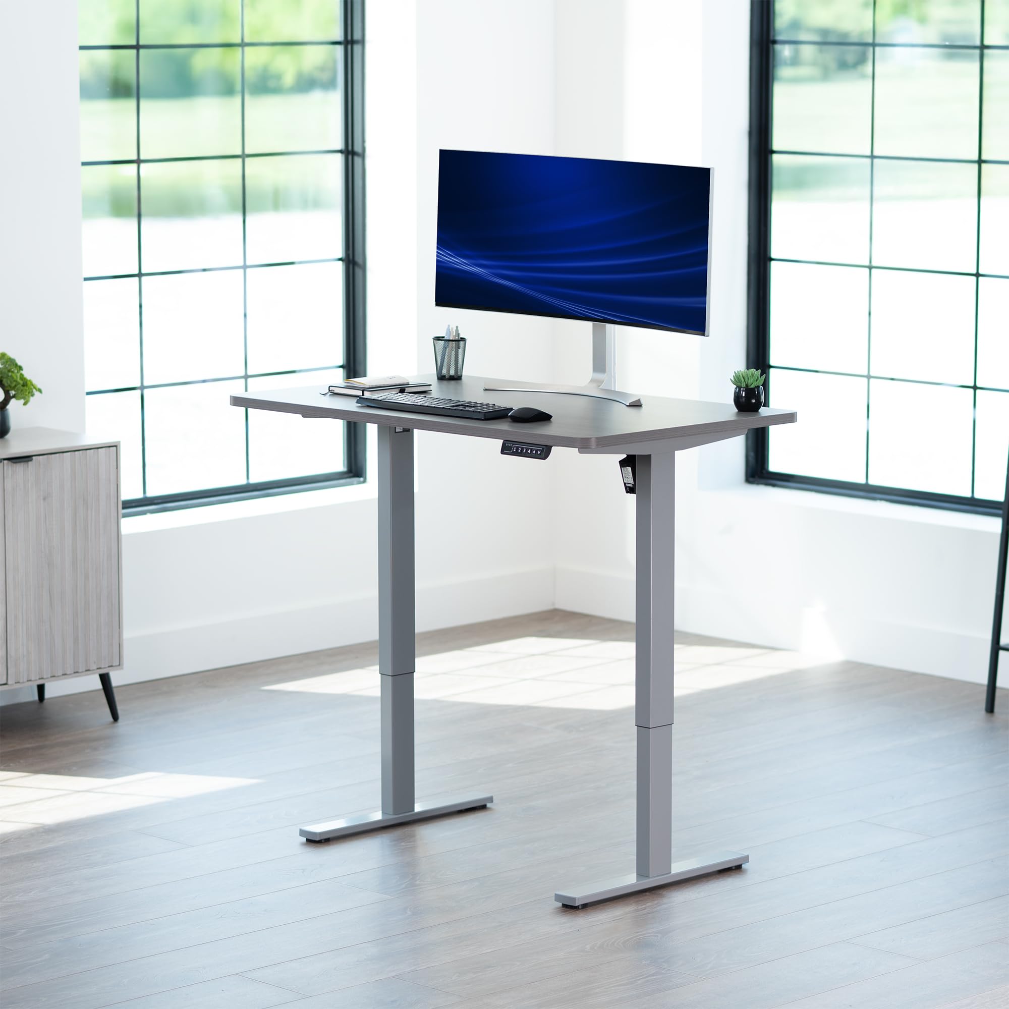 Electric 48 x 30 in Standing Desk, Memory Height Adjustment, 1B Series, Holds 220 lbs, One-Piece Dark Gray Top, Gray Frame