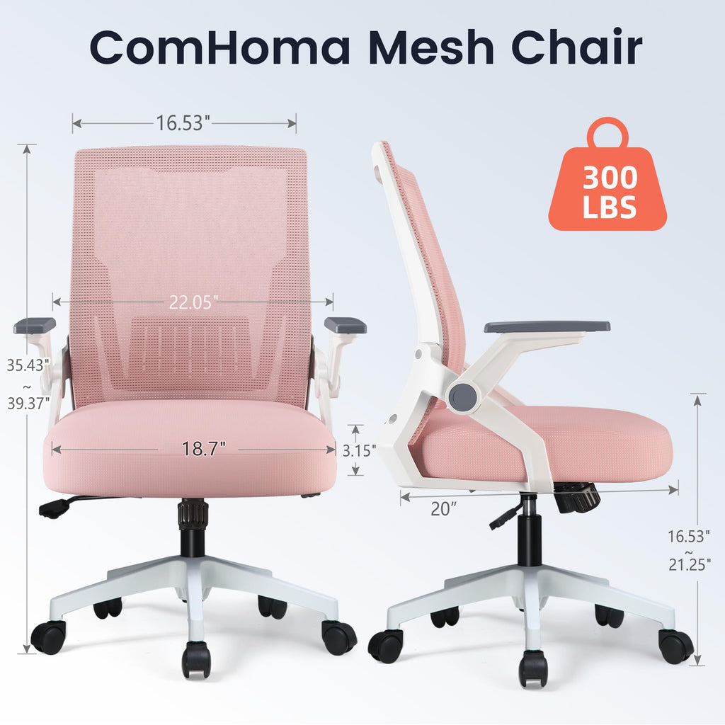 Office Chair with Flip-up Armrests Ergonomic Computer Desk Chair with Adaptive Lumbar Support & Breathable Mesh, Pink