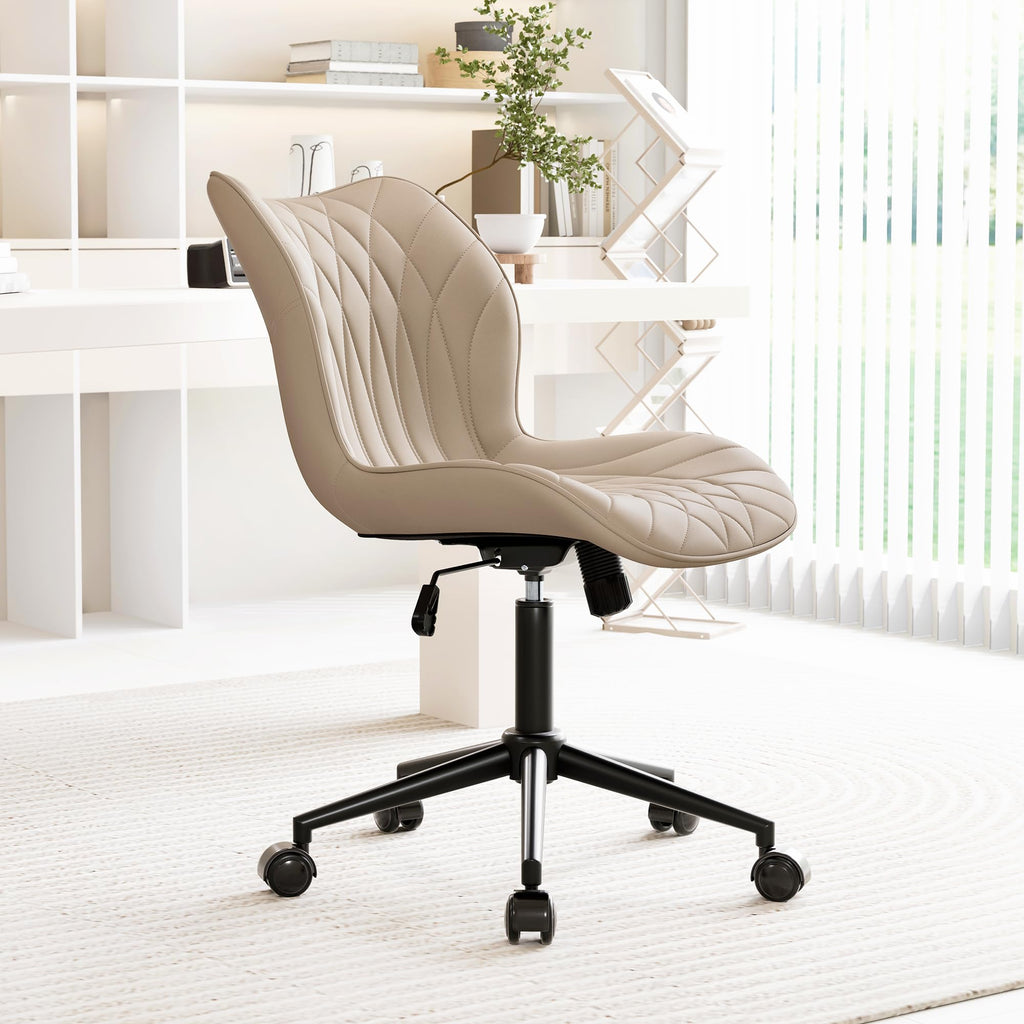 Armless Desk Chair Comfy Office Chair with Wheels Home Ergonomic Task Chair Adjustable Computer Chairs Modern Faux Leather Swivel Chair Upholstered Makeup Vanity Chair with Back(Khaki)