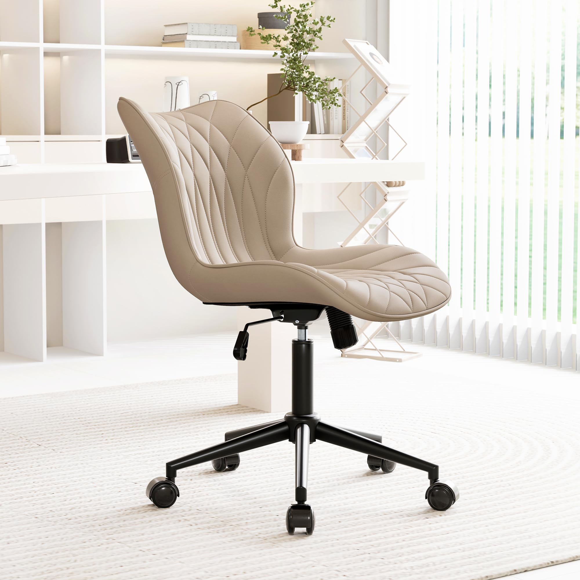 Armless Desk Chair Comfy Office Chair with Wheels Home Ergonomic Task Chair Adjustable Computer Chairs Modern Faux Leather Swivel Chair Upholstered Makeup Vanity Chair with Back(Khaki)