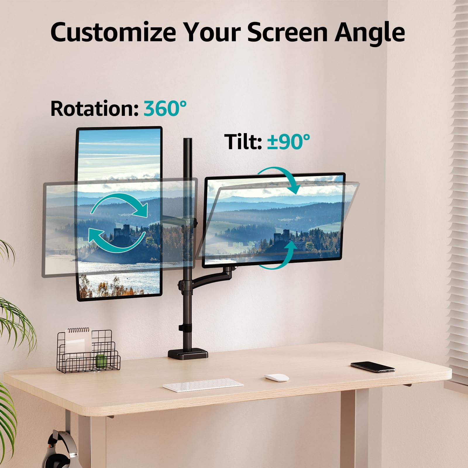 Vertical Dual Monitor Mount, Stacked Monitor Stand for 2 Computer Screens up to 32 inches, Full Motion Adjustable Tall Display Desk Mount, Each Arm Holds up to 17.6lbs, VESA Mount