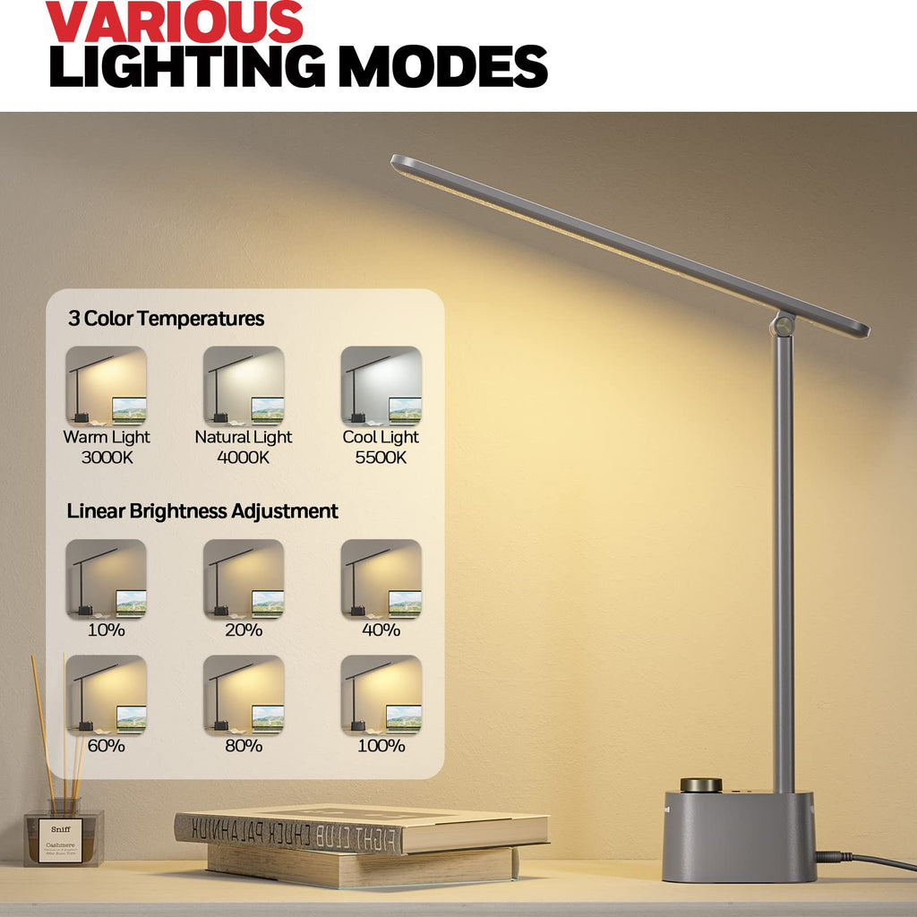 LED Desk Lamp Stepless Dimmable Table Lamp with USB A+C Dual Charging Port Eye-Caring Foldable Desk Light with 3 Color Modes for Home Office Bedroom Reading Study (Gray)