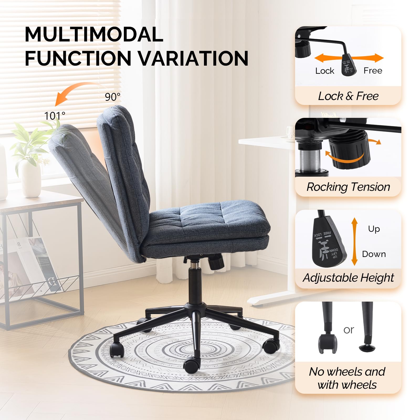 Mid Back Armless Office Desk Chair with Wheels/no Wheels,360°Rocking Swivel Vanity Chair with Thickened Cushion,Adjustable Height Rolling for Reading Room, Make up, Linen Navy Blue