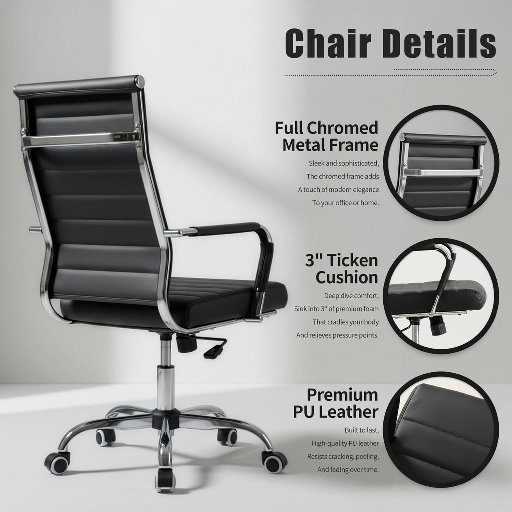 Office Desk Chair, Ergonomic Leather Modern Conference Room Chairs, Executive Ribbed Adjustable Swivel Rolling Chair for Home Office.