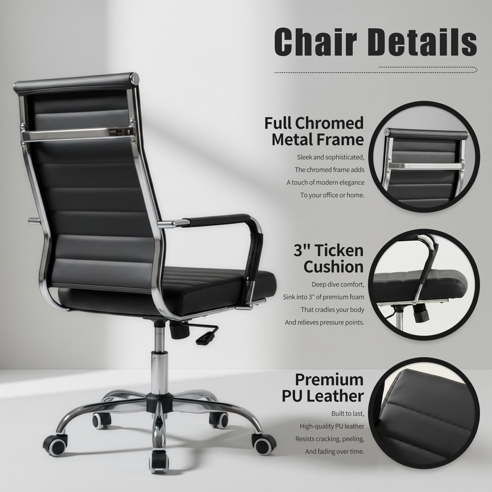 Office Desk Chair, Ergonomic Leather Modern Conference Room Chairs, Executive Ribbed Adjustable Swivel Rolling Chair for Home Office.
