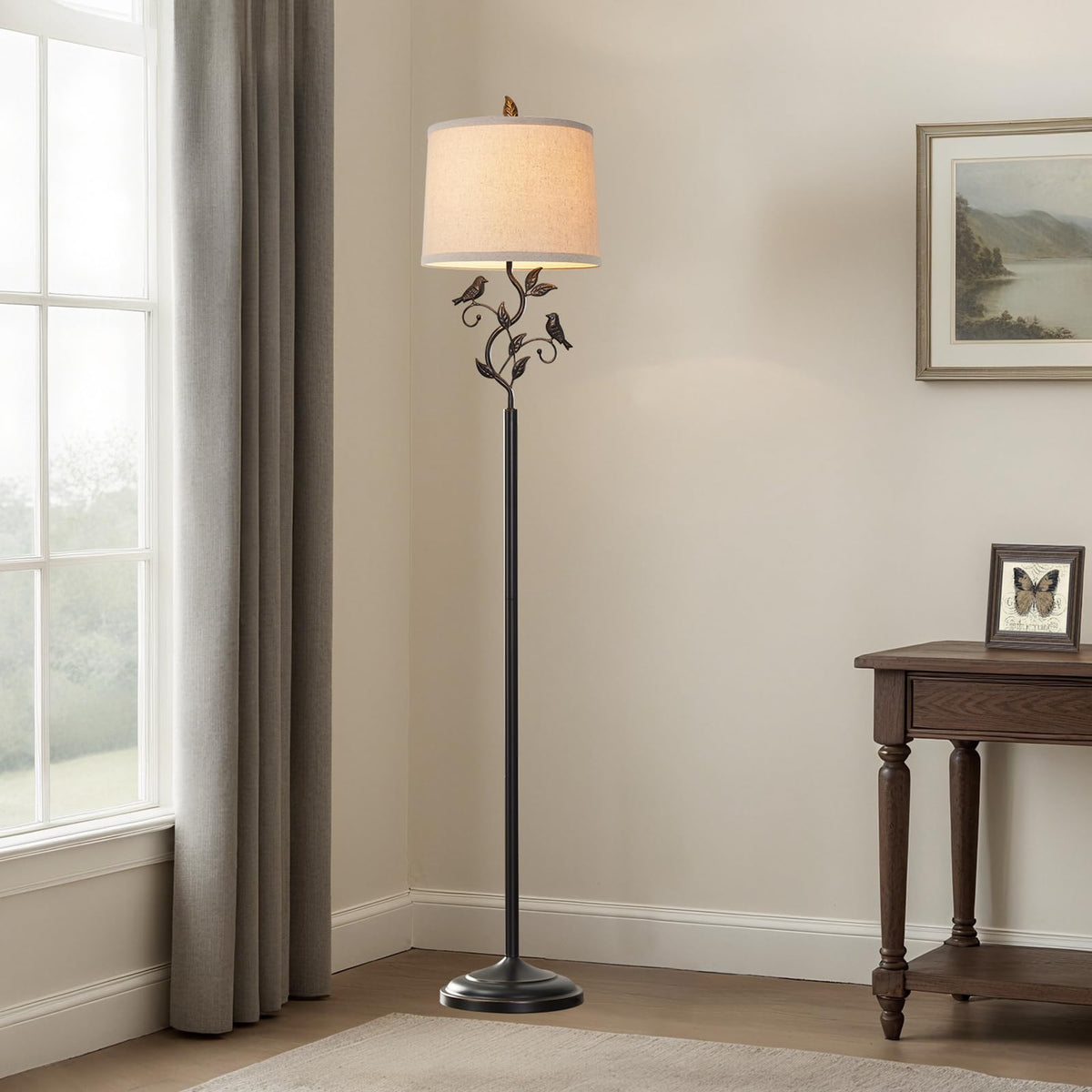 63" Rustic Unique Bird Leaf Floor Lamp for Living Room