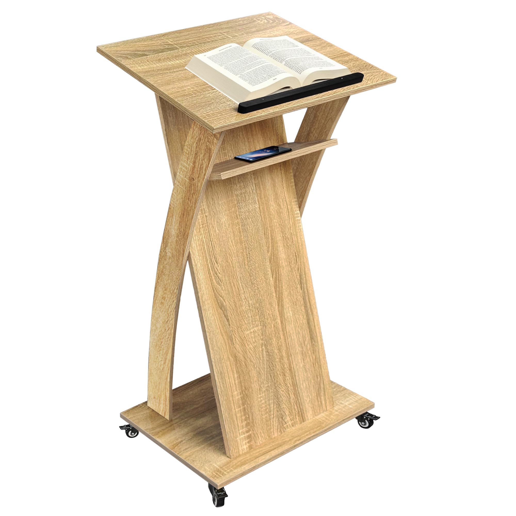 Wooden Podium Stand with Lockable Wheels, Mobile Lectern Pulpit with Storage Shelf for Church, Classroom, Office, and Conference Room
