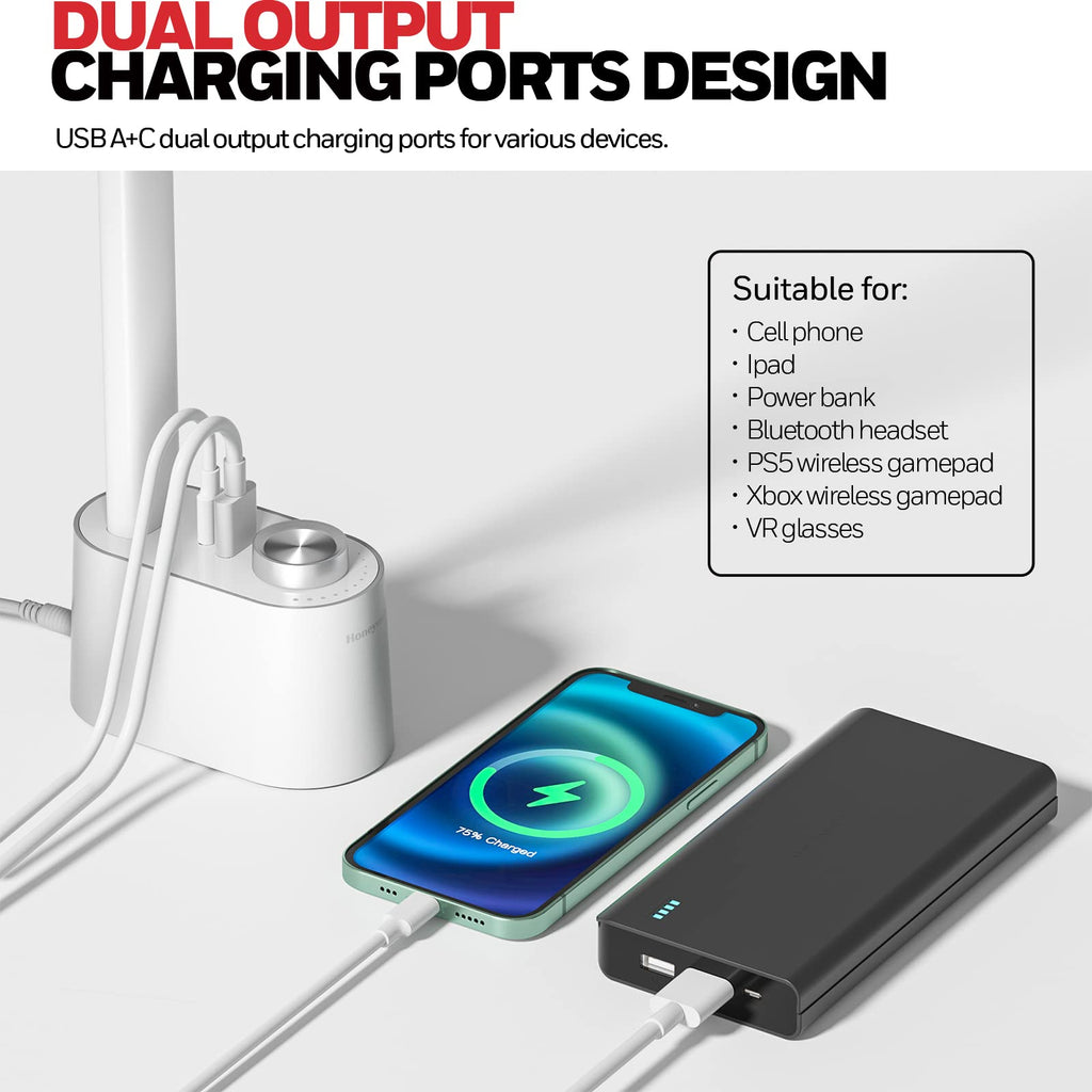 LED Desk Lamp with USB Charging Ports - HWT-H01 Stepless Dimmable Eye Caring Table Lamp for College Dorm Home Office, Foldable Small Bedside Lamp for Bedroom with Base White