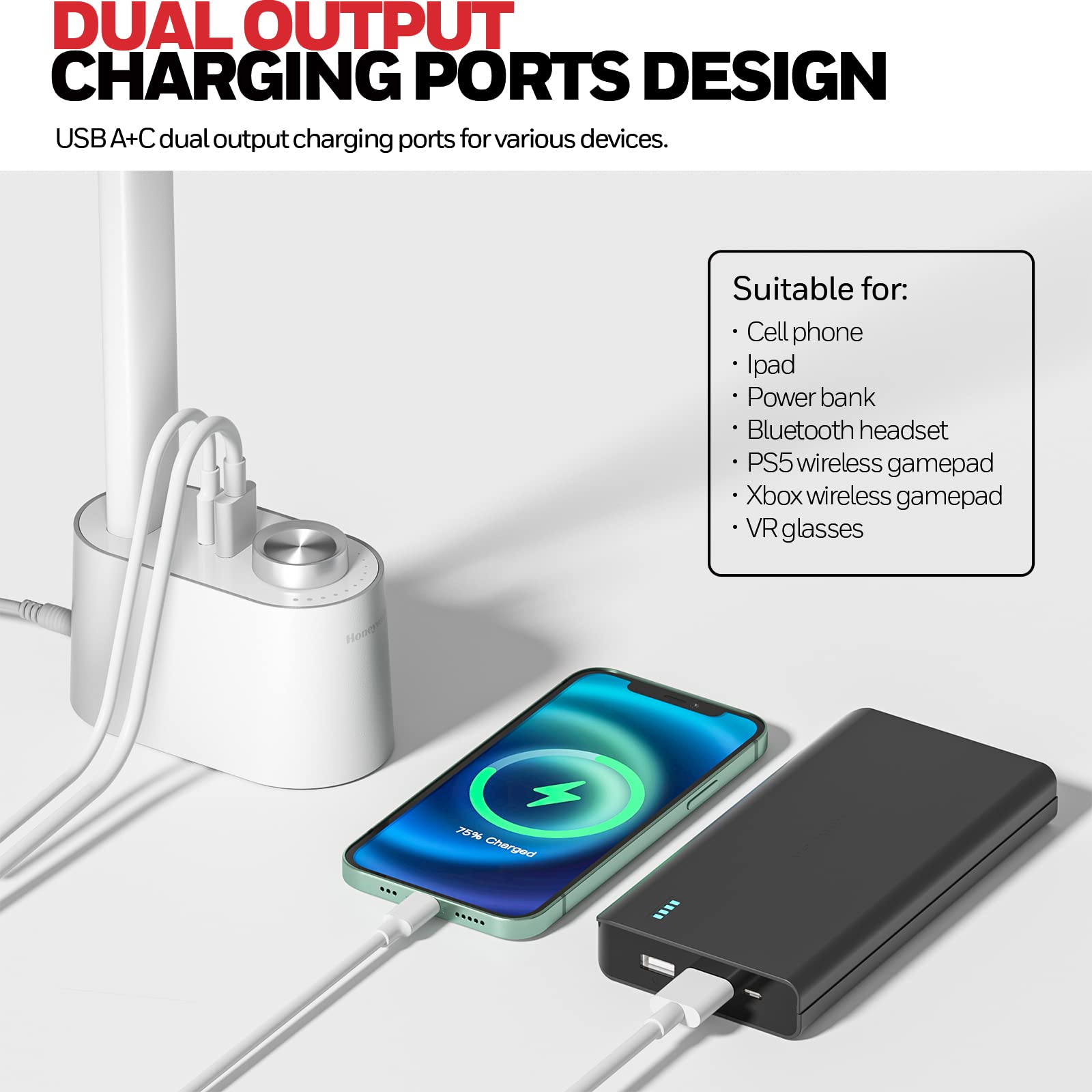 LED Desk Lamp with USB Charging Ports - HWT-H01 Stepless Dimmable Eye Caring Table Lamp for College Dorm Home Office, Foldable Small Bedside Lamp for Bedroom with Base White
