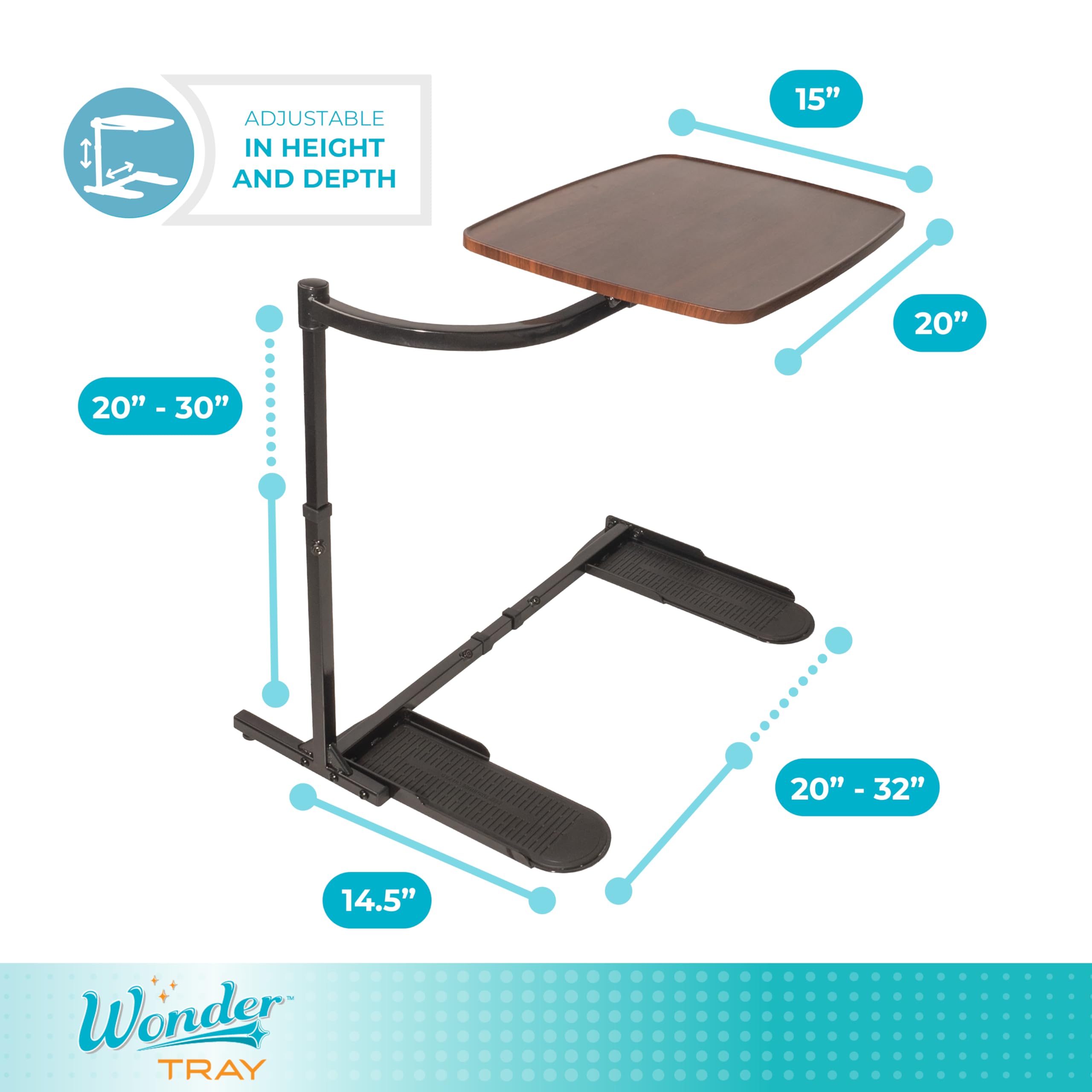 Wonder Tray, Adjustable Swivel Table, Large Laptop Stand, Couch Desk, Side Tables & Gaming Bench, TV-Trays for Eating on Couches, Chairs, Recliners, Walnut