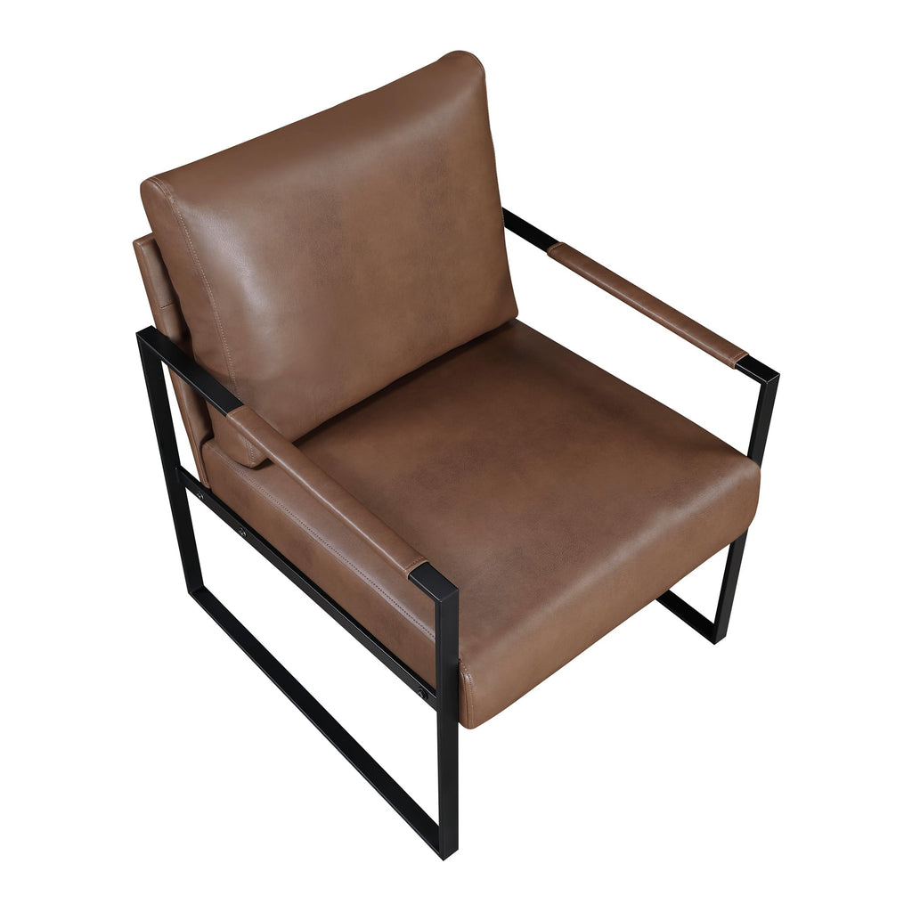 Modern Accent Chair, Faux Leather Upholstered Chair with Wrapped Armrests, Arm Chair with Black Metal Frame, Comfy Single Chair for Living Room/Bedroom/Reading Room/Office, Brown