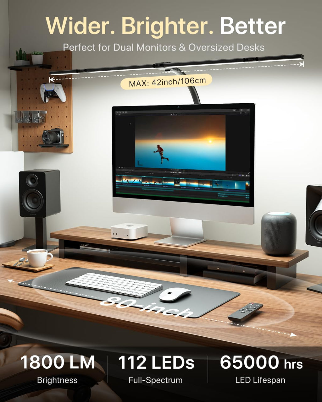 42" LED Desk Lamp with Clamp, Architect Desk Light with Remote, Adjustable 4-Segment Bar, 1800LM Bright, Eye-Caring Desk Lamp for Home Office, Reading, Study, Dual Monitors, Workbench(Black)