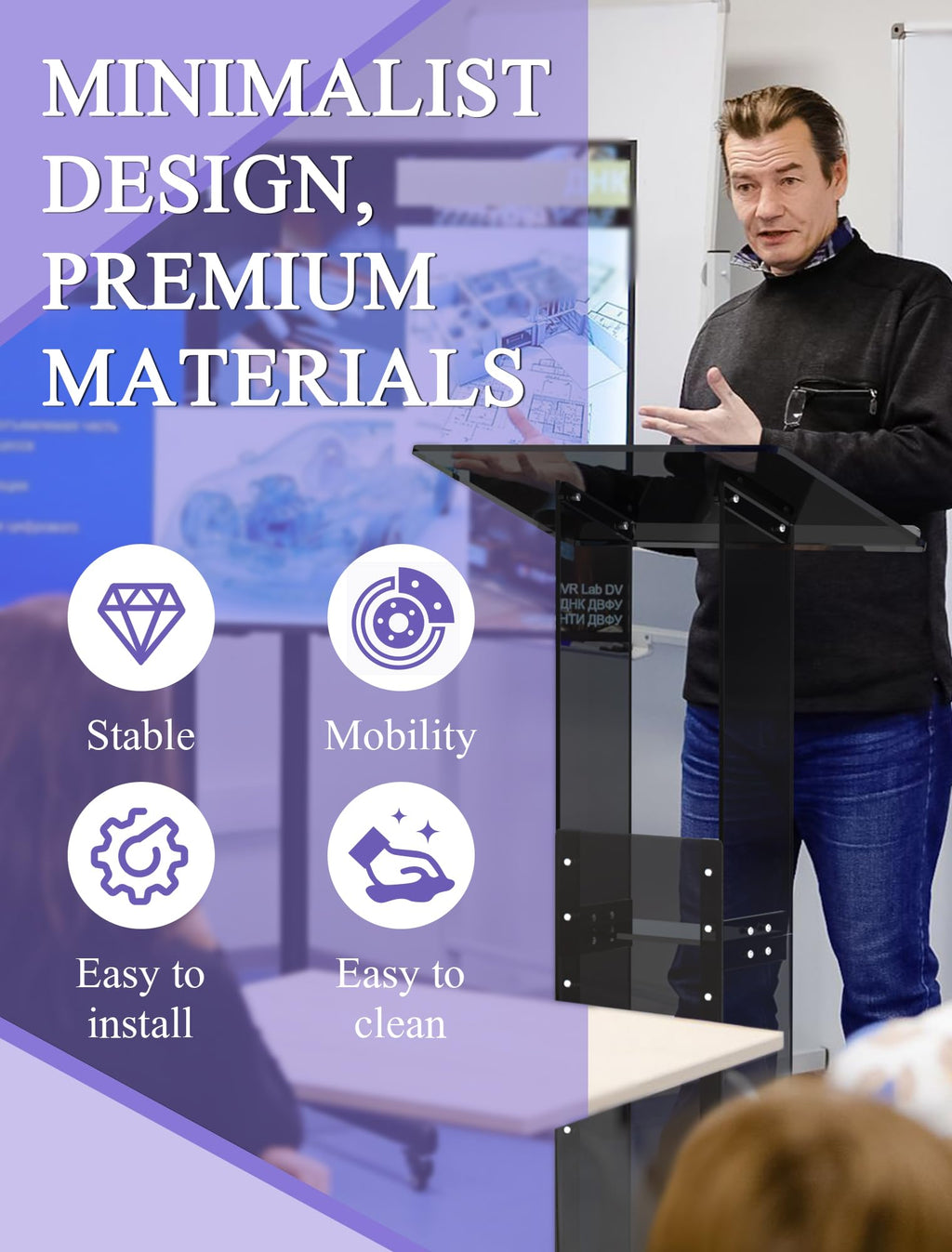 Acrylic Podium Stand with Lockable Wheels, 47" Black Podium Lectern Floor Standing Speaking Podium Modern Church Pulpit with Storage Shelf for Office Wedding School Speech Concert