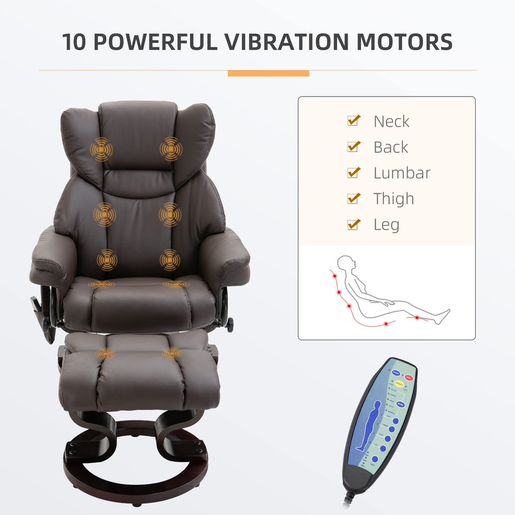 Recliner Chair with Ottoman Footrest, 10 Vibration Points, 360° Swivel Reclining Chair, Faux Leather Living Room Chair with Side Pocket and Remote Control, Brown